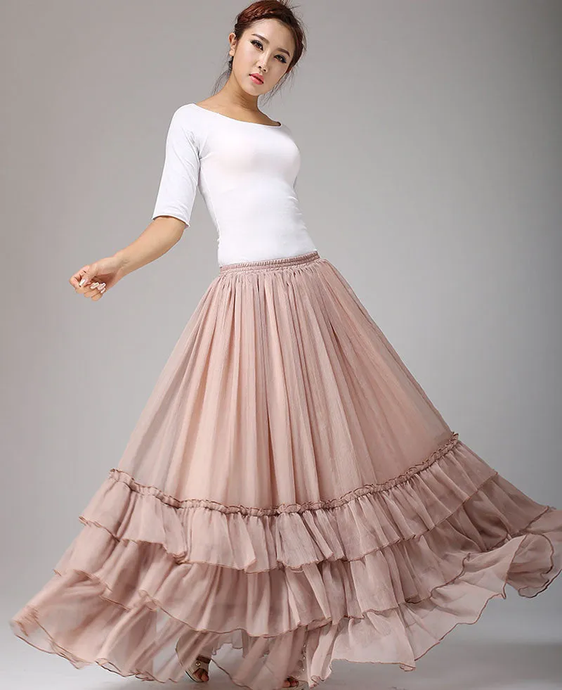 long chiffon tiered maxi skirt women skirts in blush pink 0663#