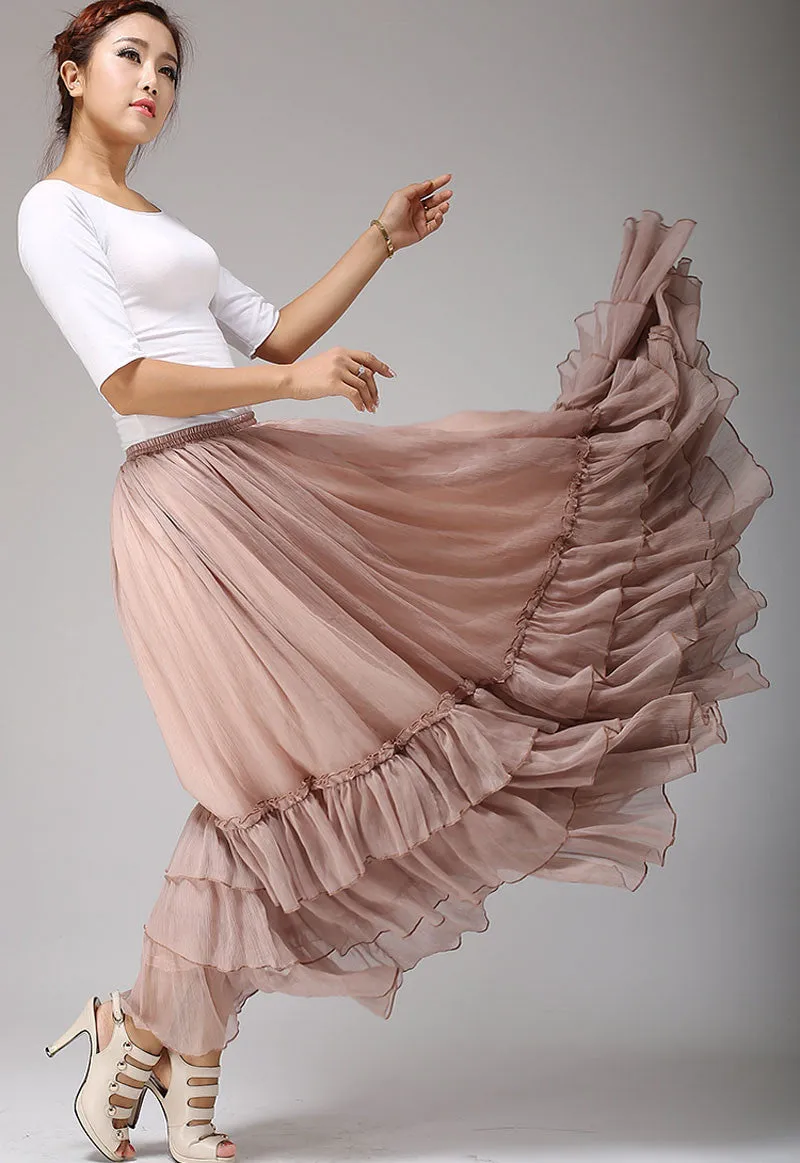 long chiffon tiered maxi skirt women skirts in blush pink 0663#