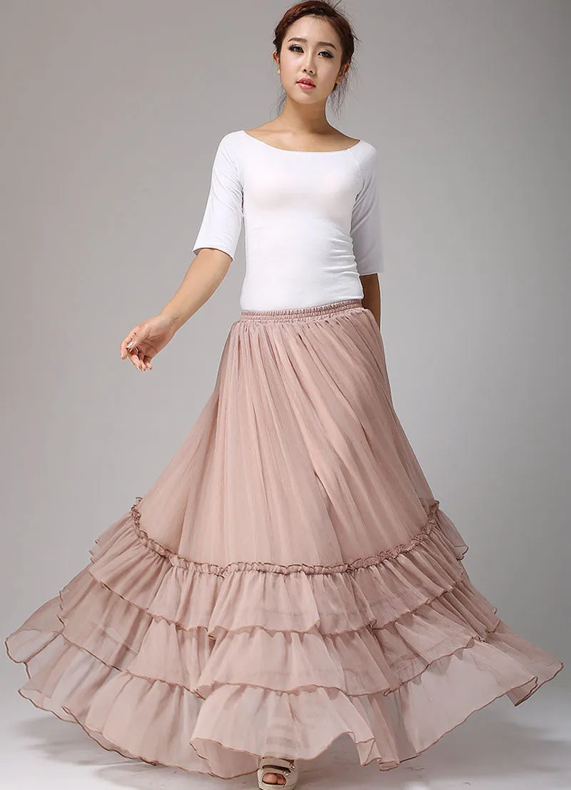 long chiffon tiered maxi skirt women skirts in blush pink 0663#