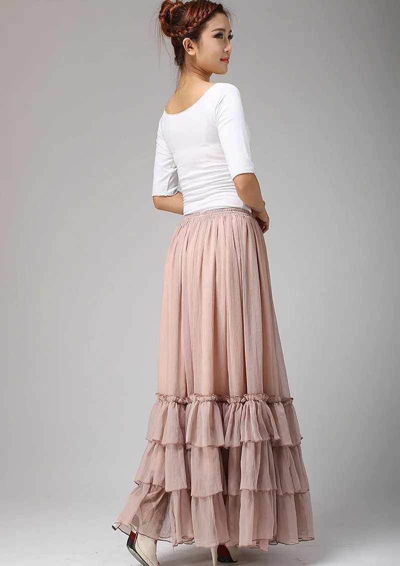 long chiffon tiered maxi skirt women skirts in blush pink 0663#