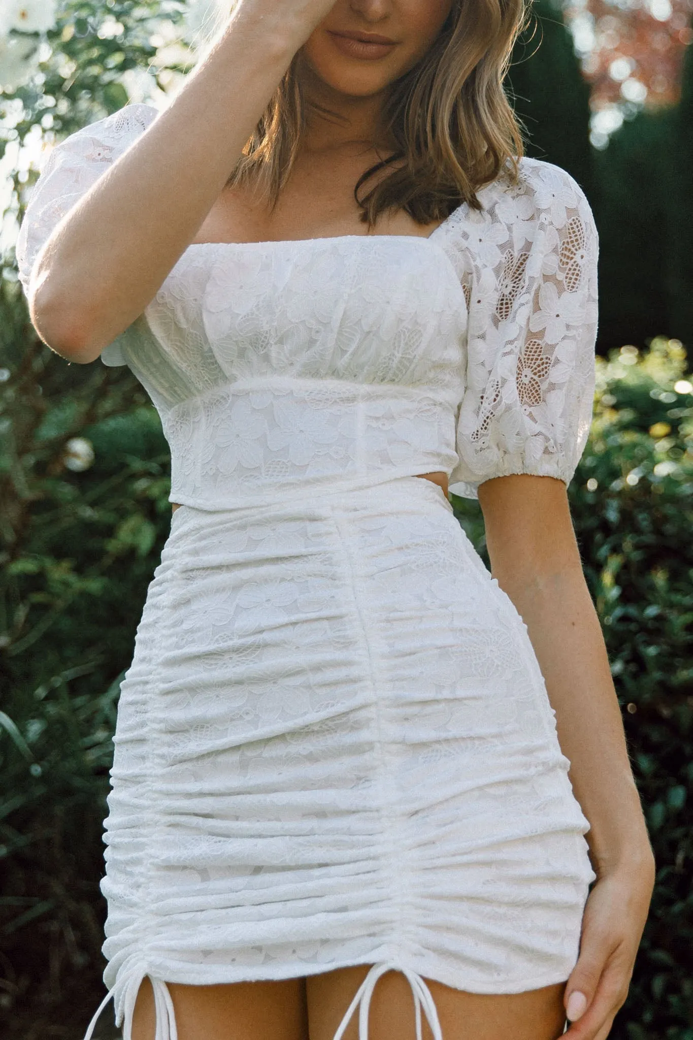 Love Song Ruched Adjustable Length Lace Skirt White