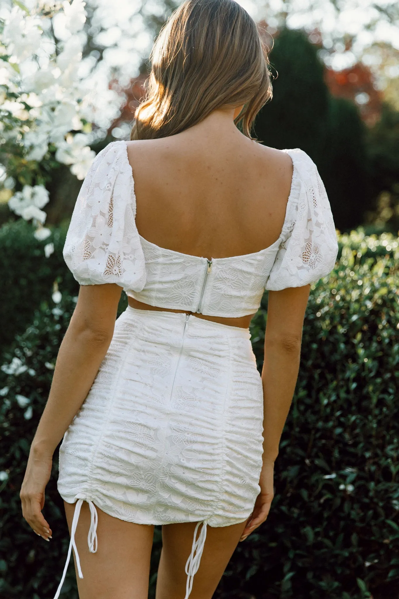Love Song Ruched Adjustable Length Lace Skirt White