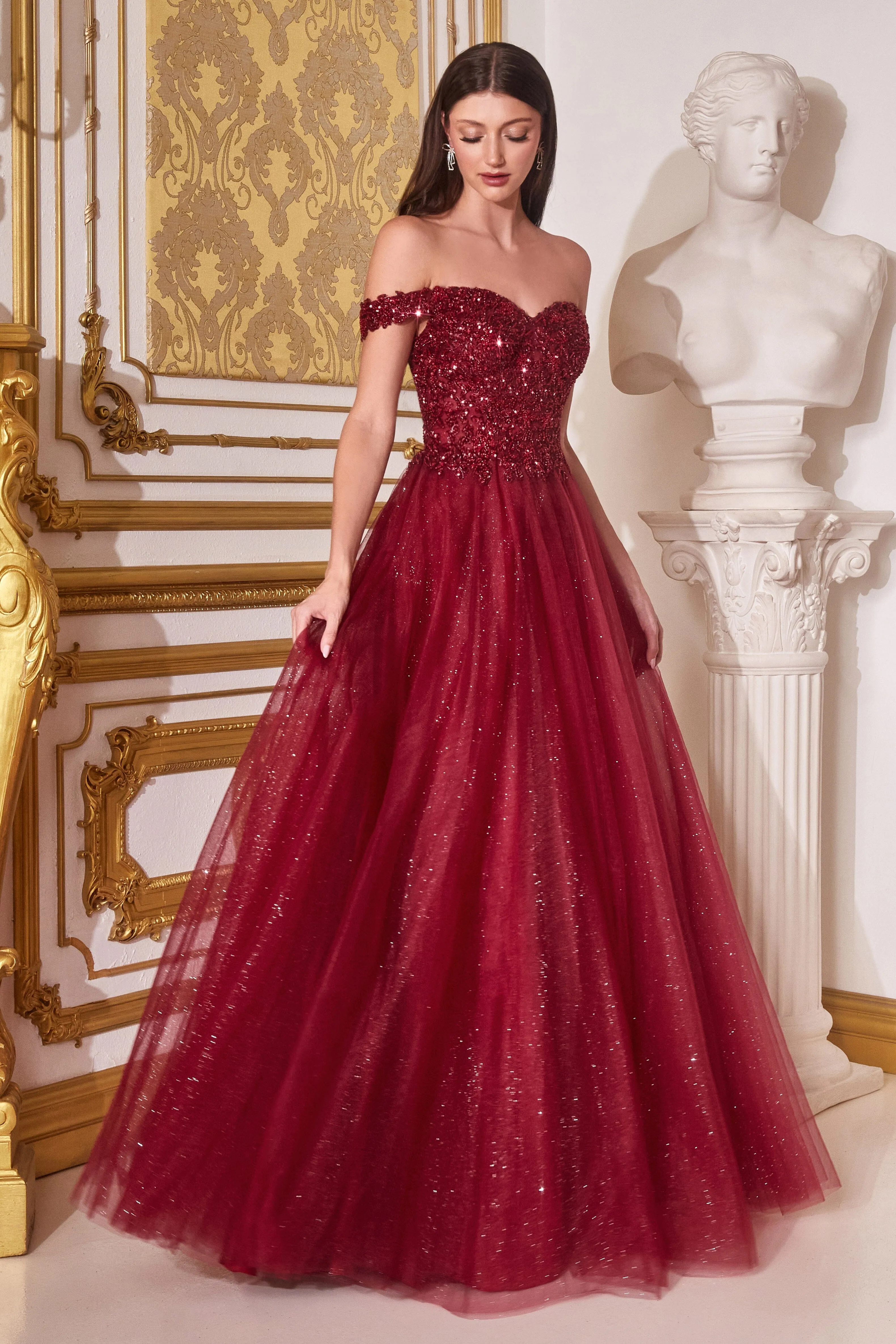 Off Shoulder Tulle Gown by Cinderella Divine CD0177