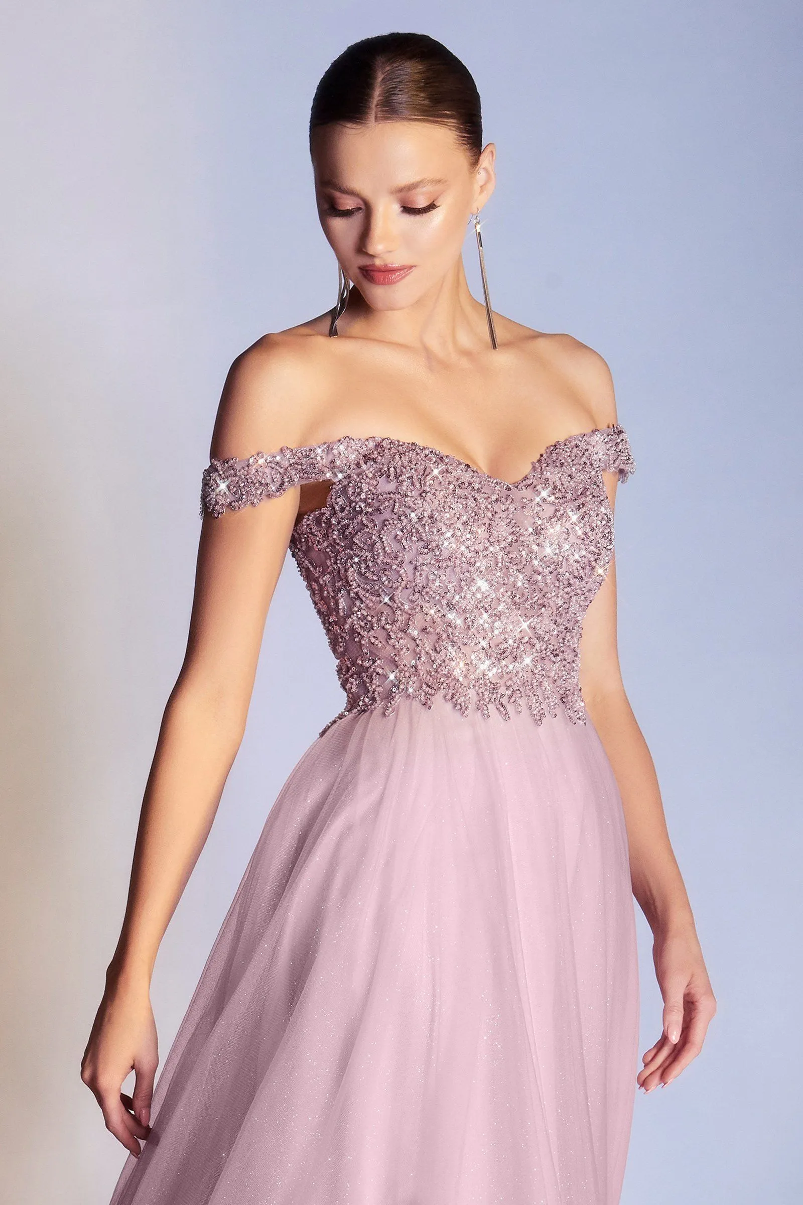 Off Shoulder Tulle Gown by Cinderella Divine CD0177