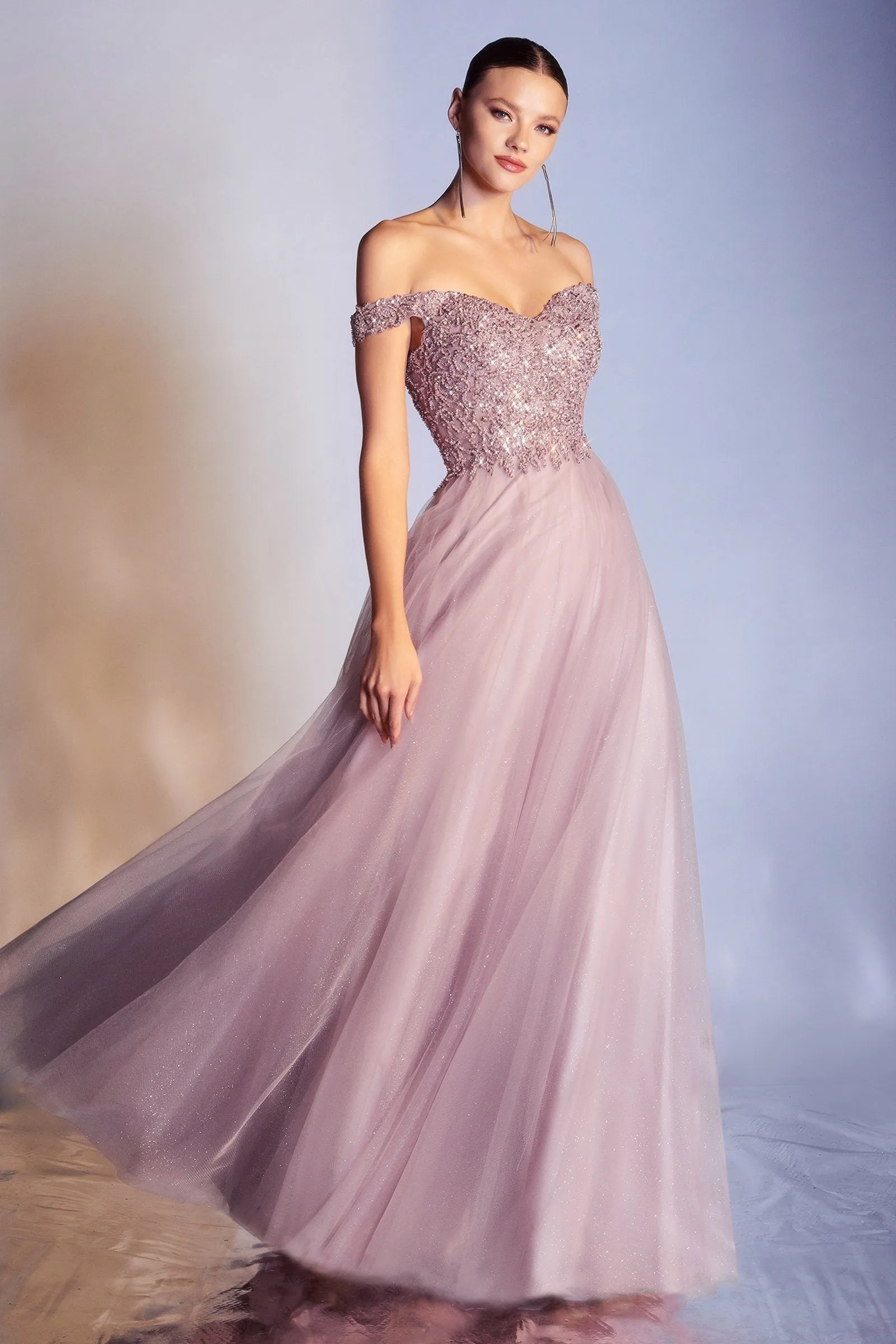 Off Shoulder Tulle Gown by Cinderella Divine CD0177