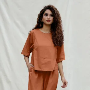 Orange Cotton Drop Shoulder Sleeves Gathered Top