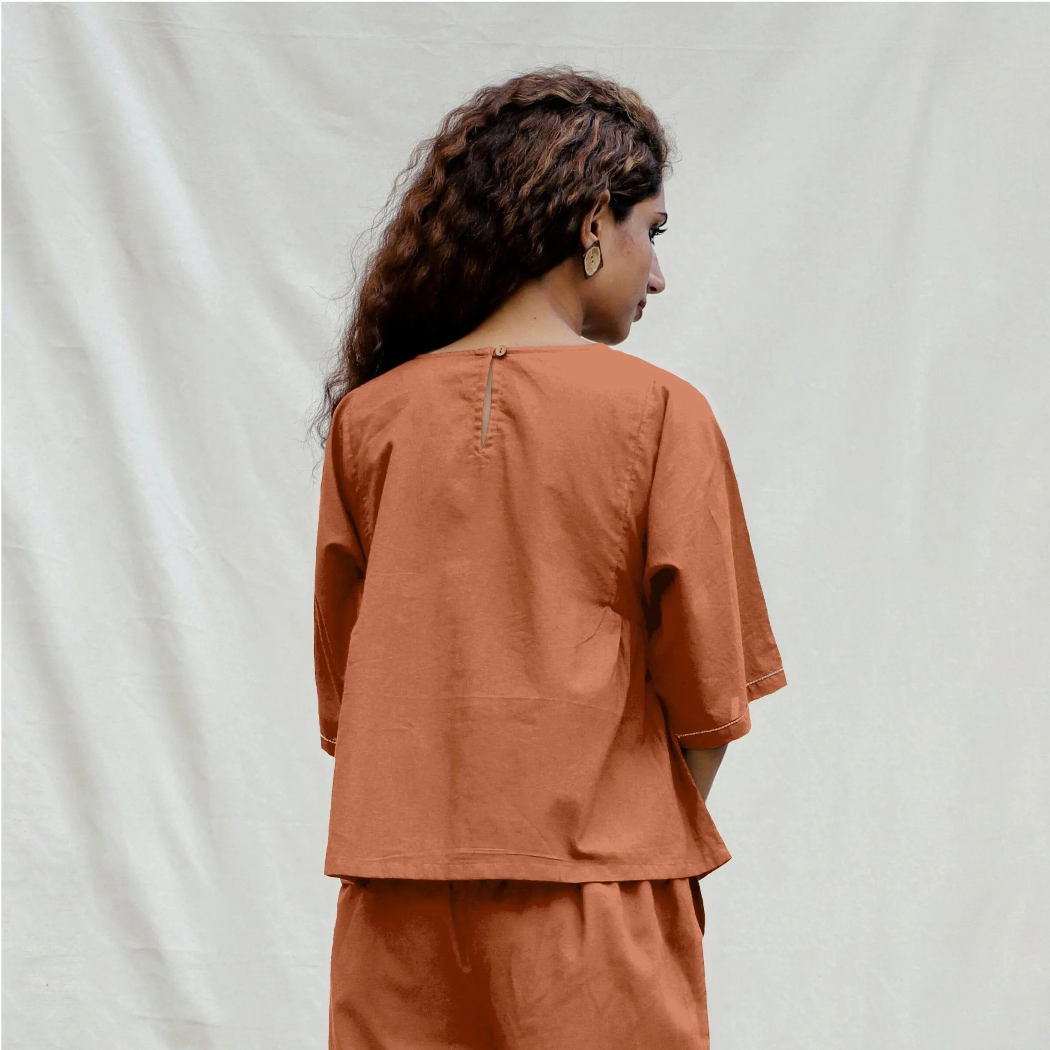 Orange Cotton Drop Shoulder Sleeves Gathered Top