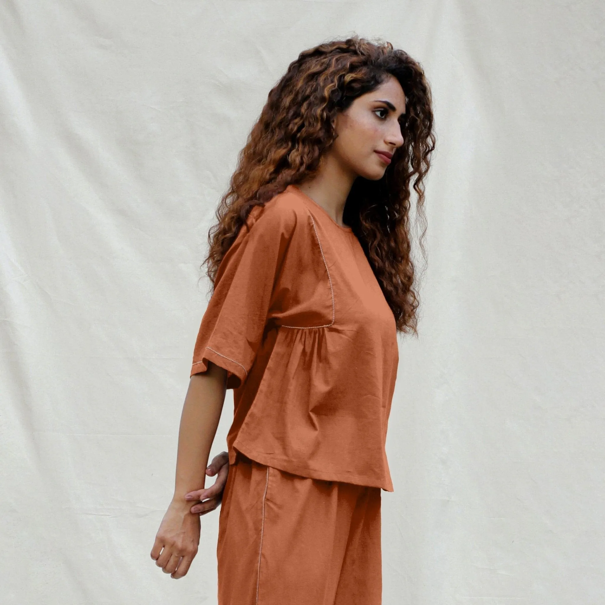 Orange Cotton Drop Shoulder Sleeves Gathered Top