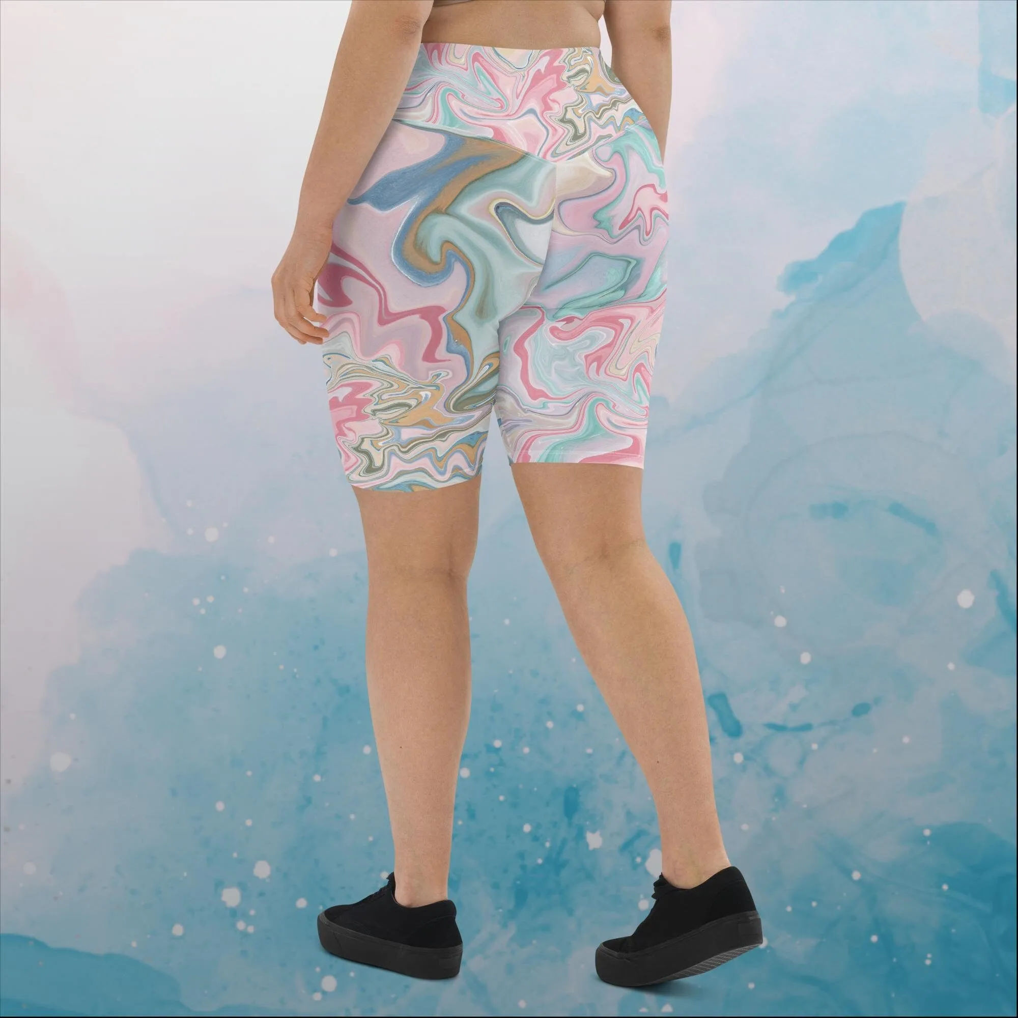 Pink and Mint Marbled Womens Yoga Biker Shorts