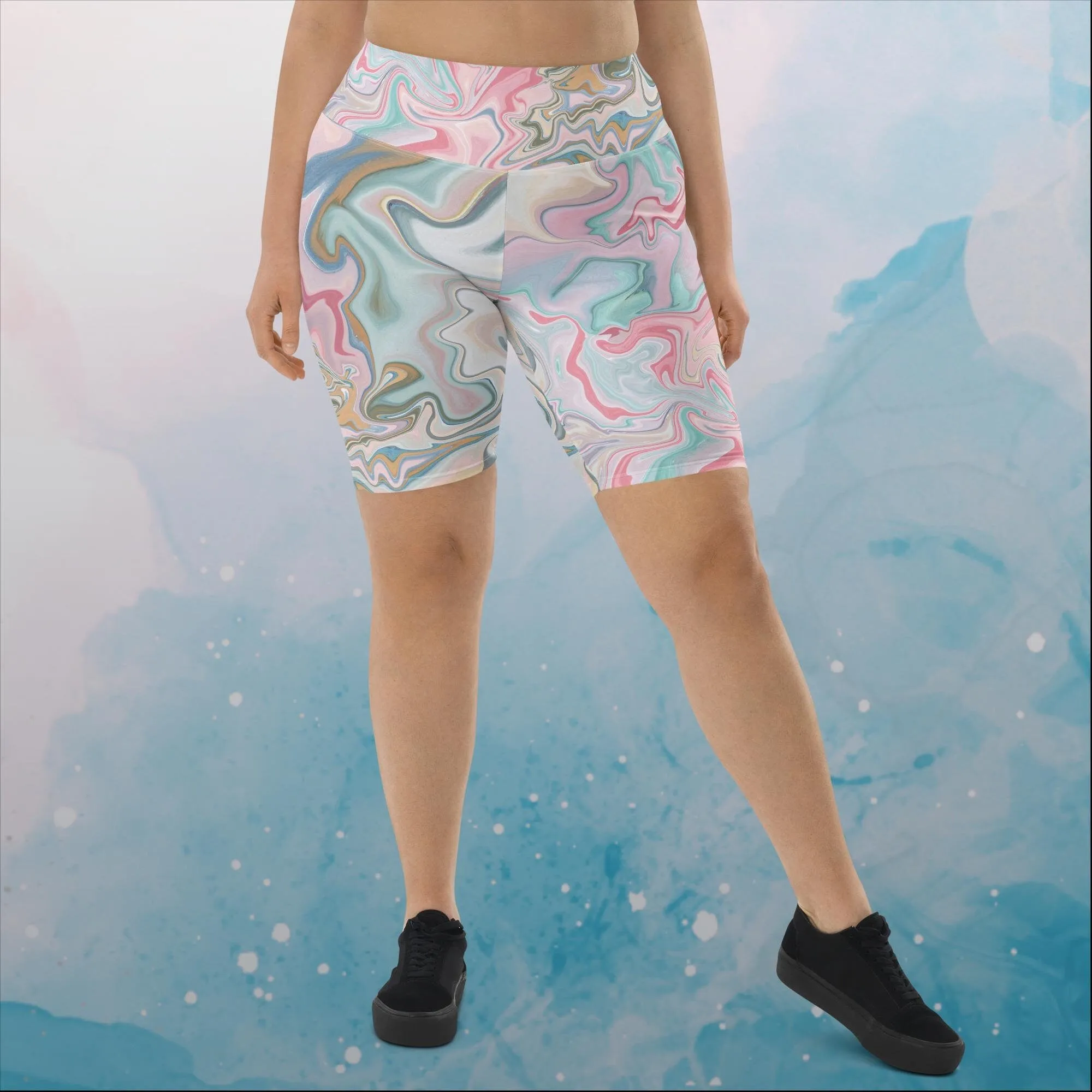 Pink and Mint Marbled Womens Yoga Biker Shorts