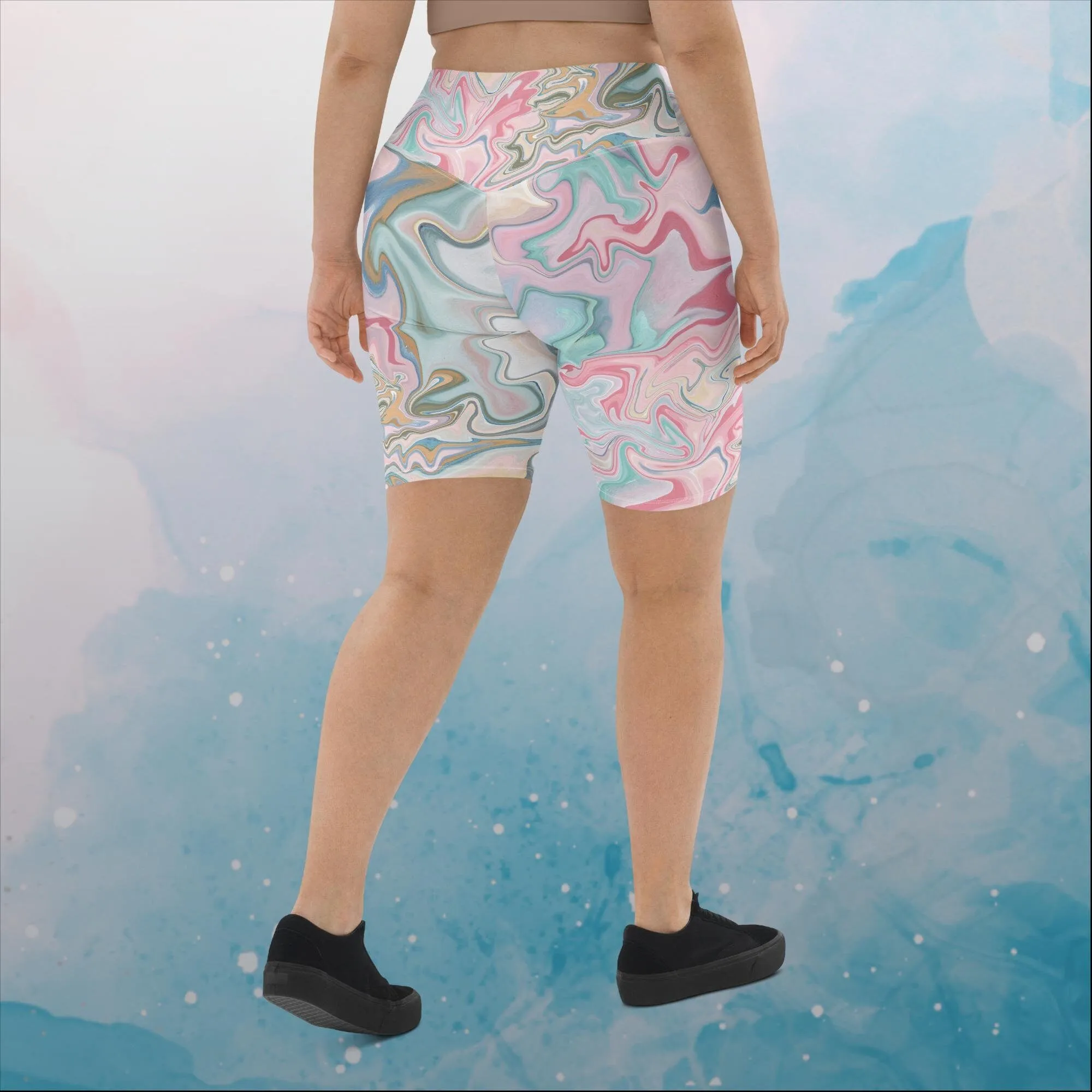 Pink and Mint Marbled Womens Yoga Biker Shorts
