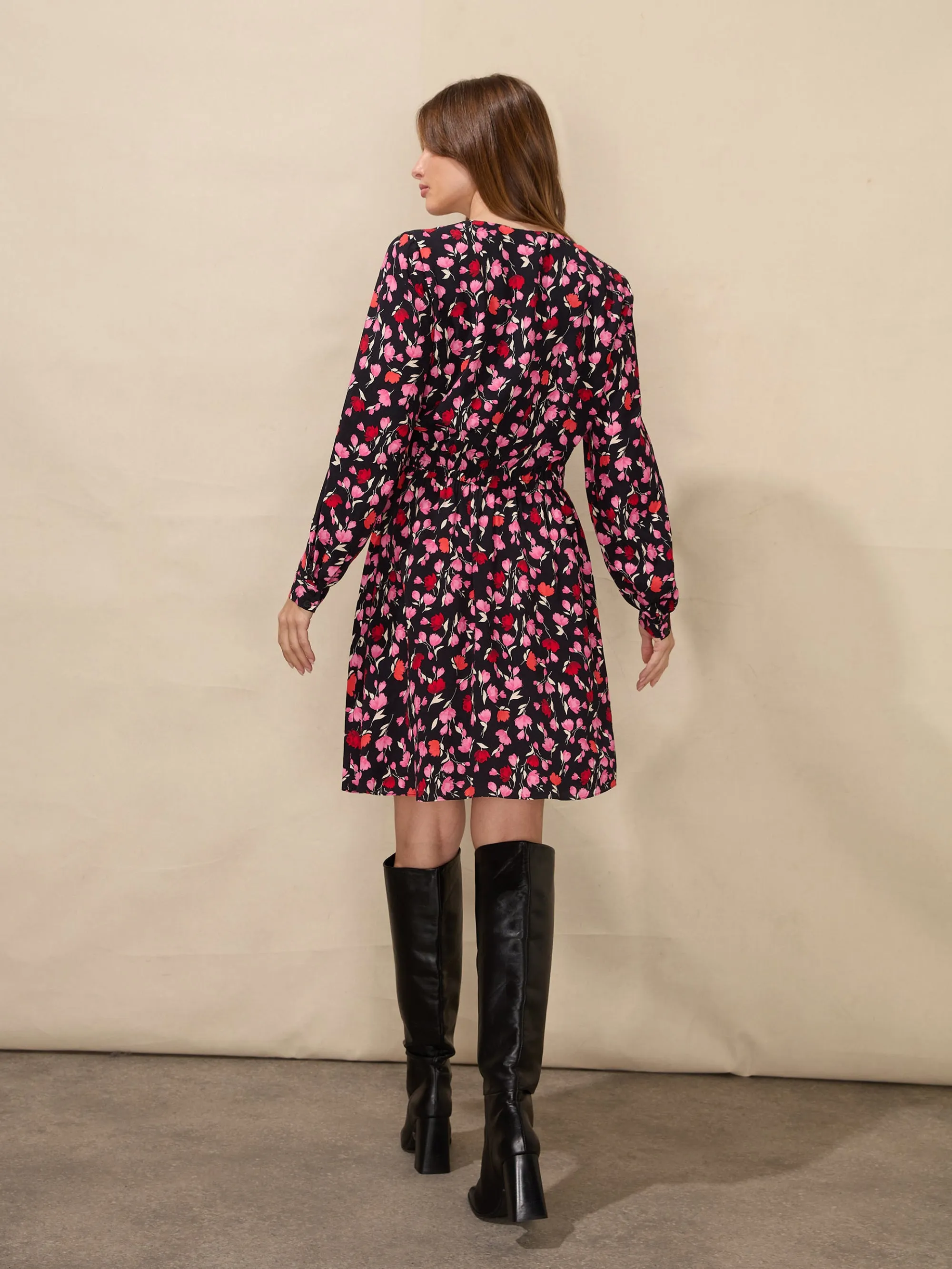 Pink Ditsy Rose Print V-Neck Short Dress