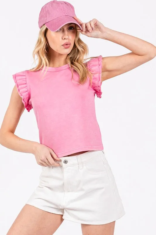Pink Mineral Washed Ruffle Sleeve Top