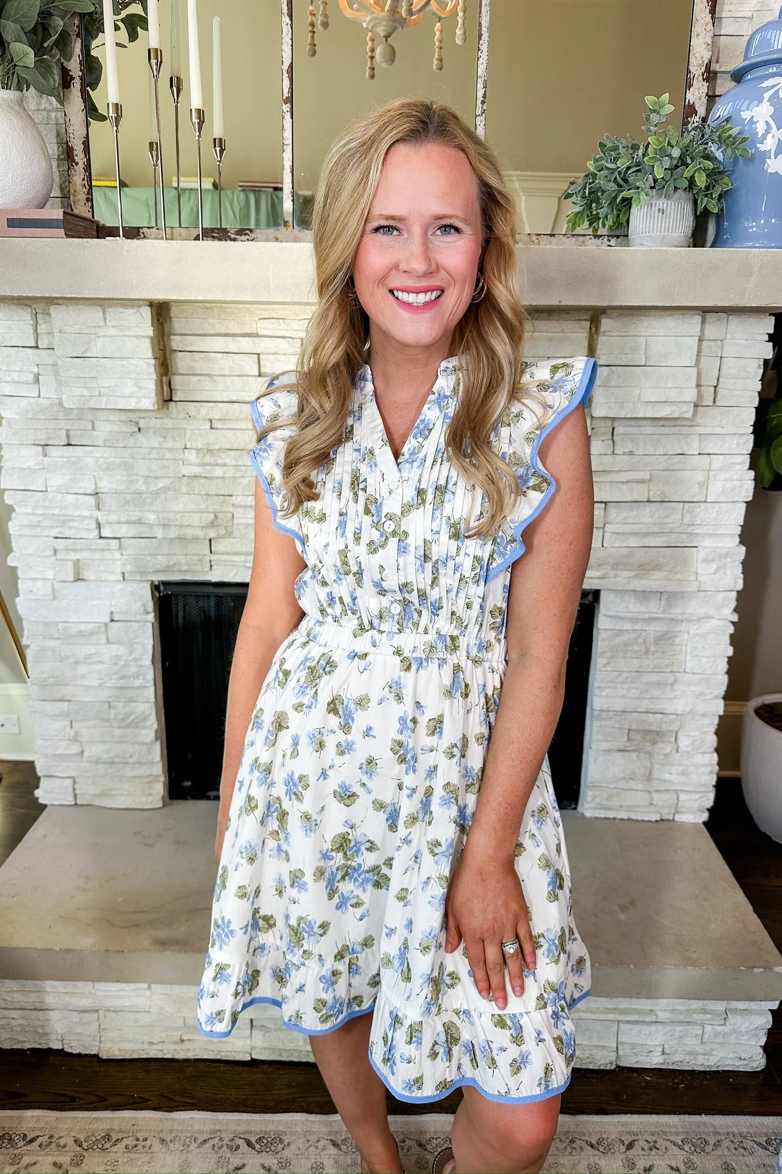 Pleated Button Down Notch Neck Ruffle Sleeve Floral Dress in Blue