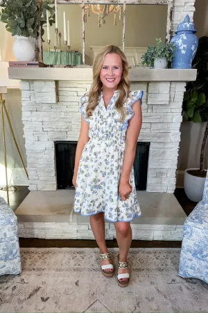 Pleated Button Down Notch Neck Ruffle Sleeve Floral Dress in Blue