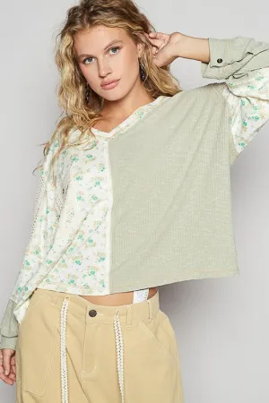POL Sage Floral Crochet Patch V-Neck Top