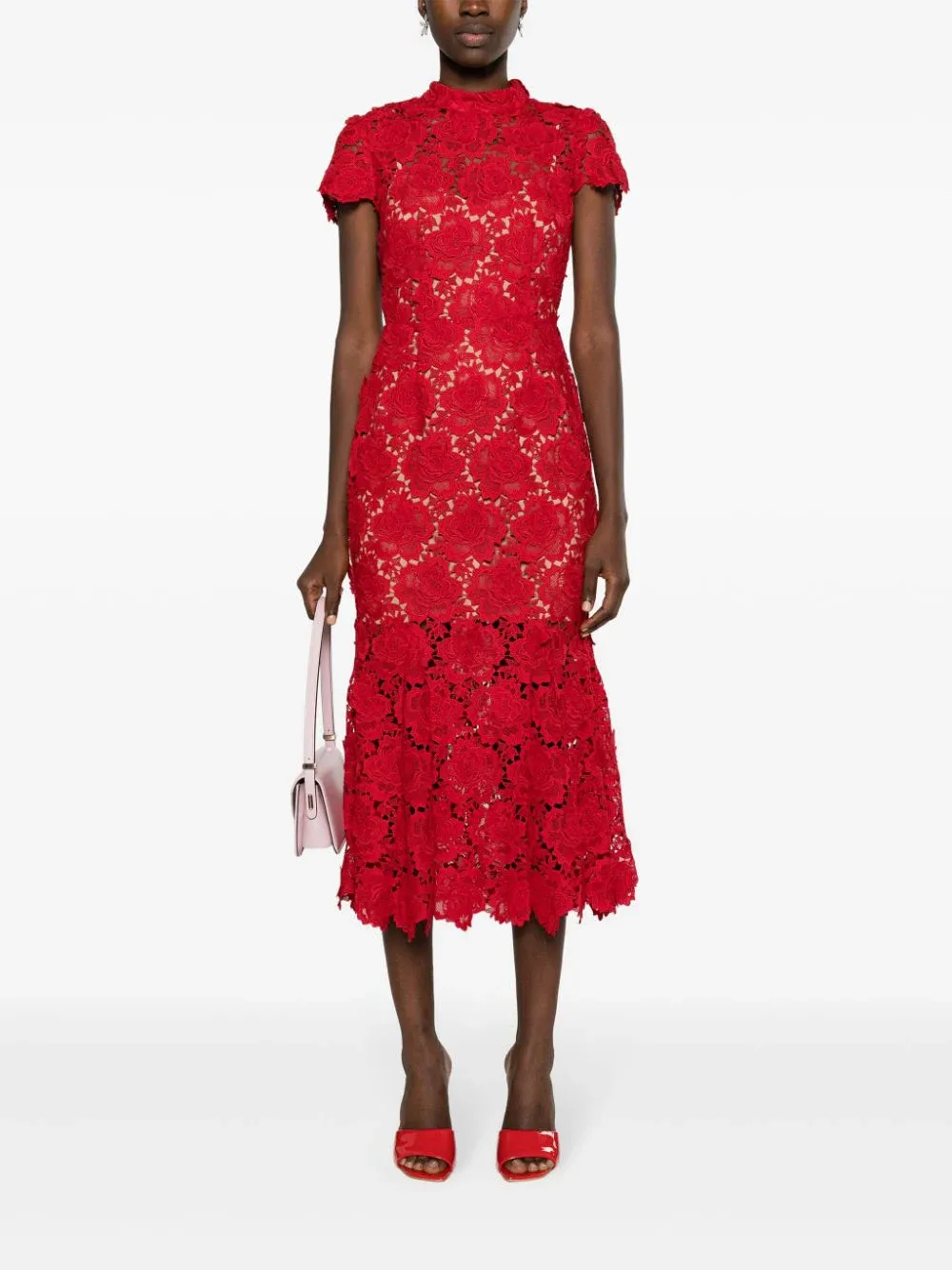 Red Flower Lace Midi Dress
