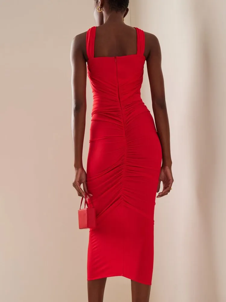 Red Maxi Dress with Cutouts and Flowers