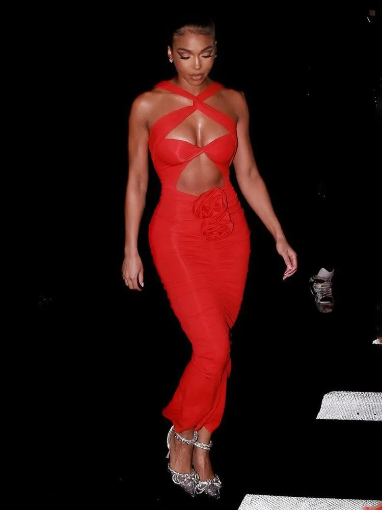 Red Maxi Dress with Cutouts and Flowers