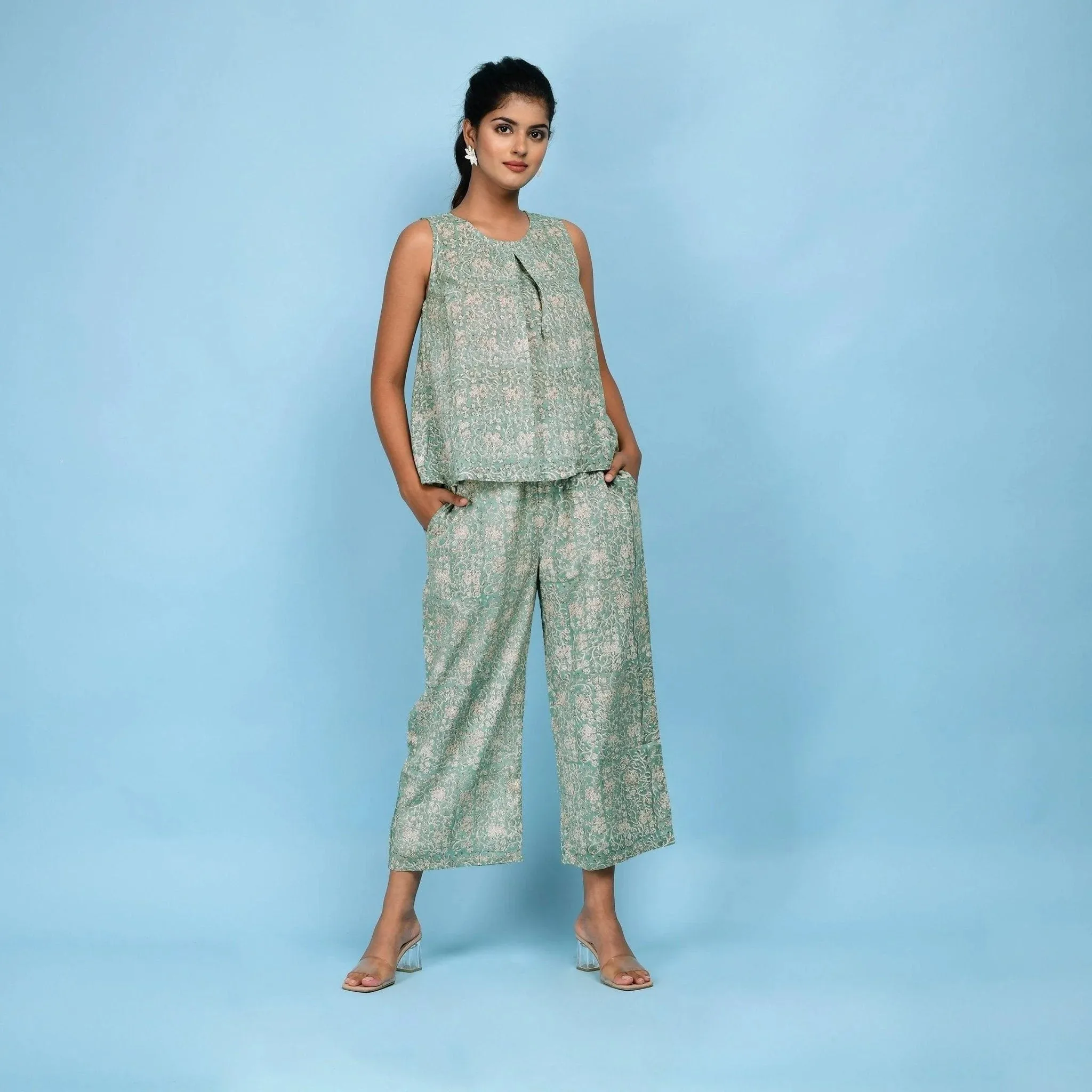 Sage Green Block Printed Pleated Cotton Top