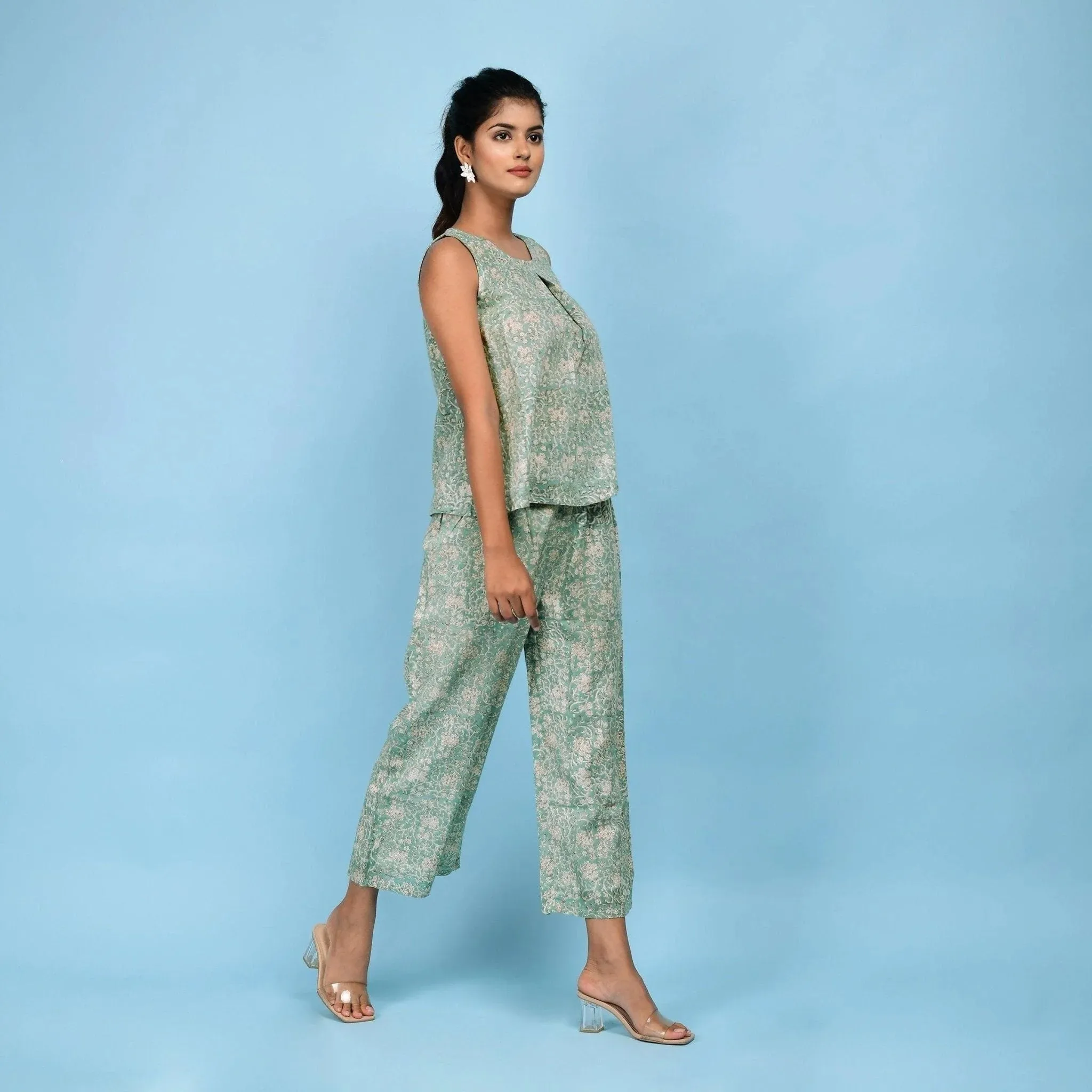 Sage Green Block Printed Pleated Cotton Top