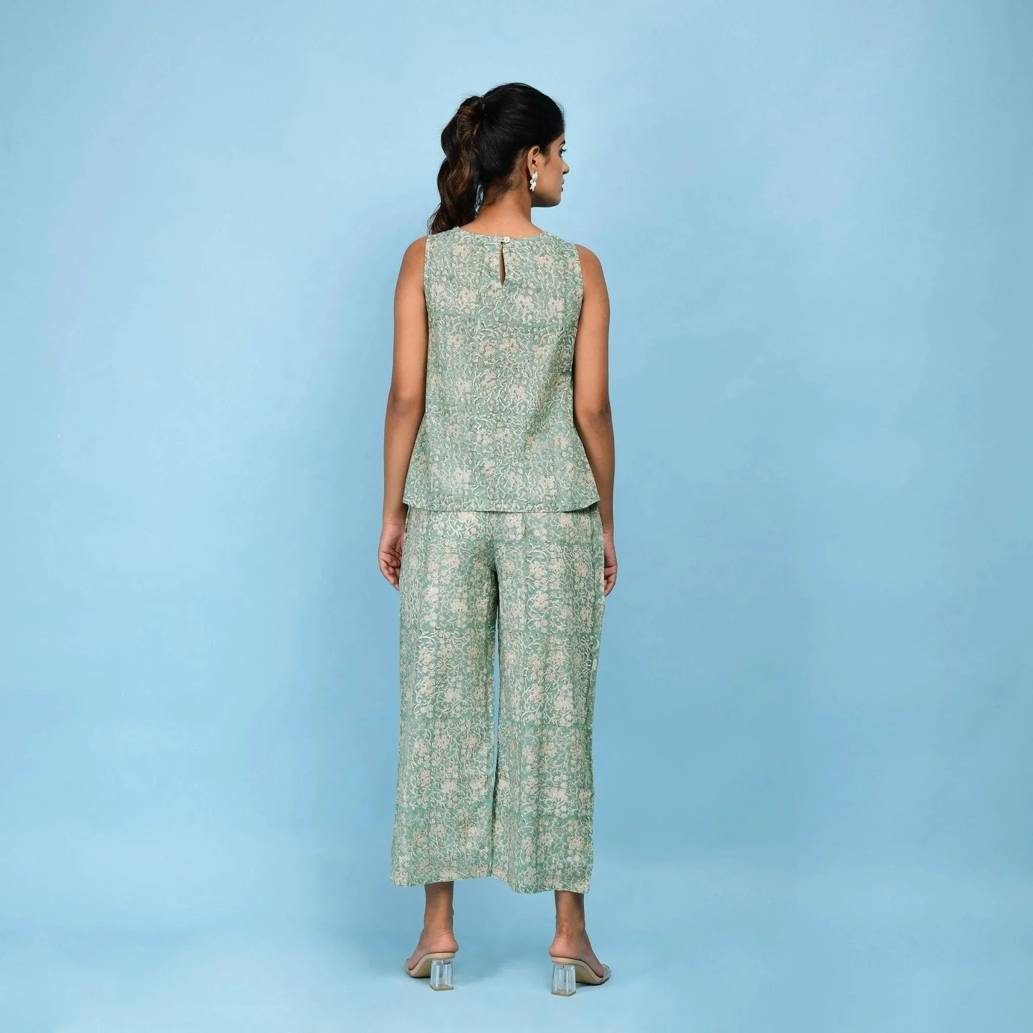 Sage Green Block Printed Pleated Cotton Top