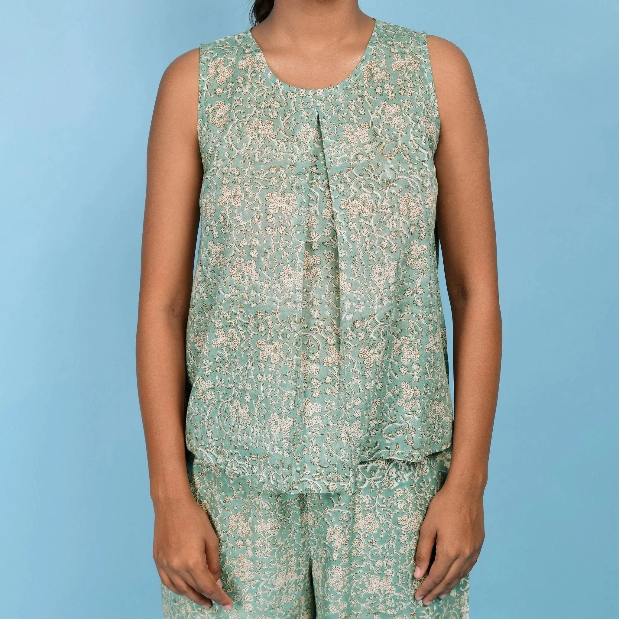 Sage Green Block Printed Pleated Cotton Top