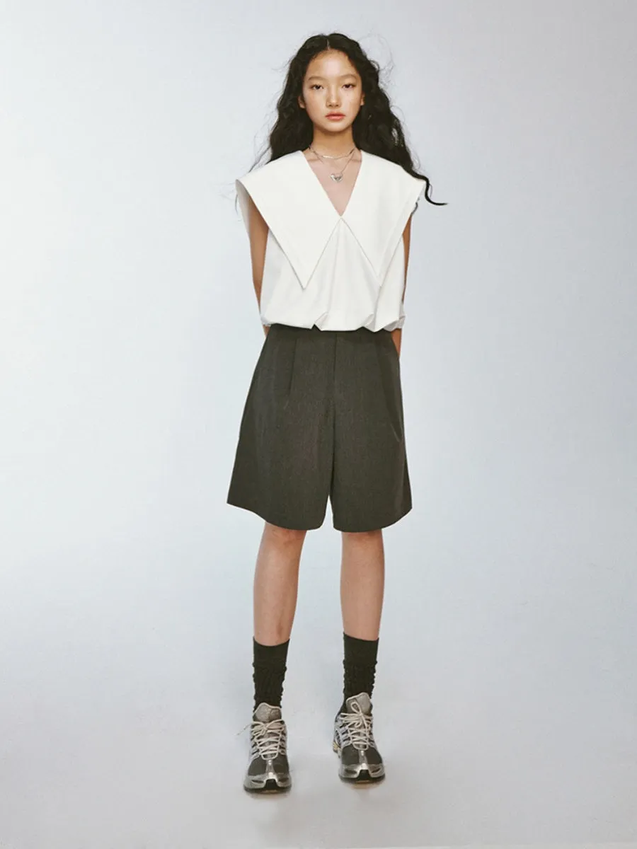 Sailor-Collar Big-Collar V-Neck Lno-Sleeve Chic Tops