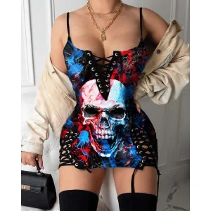 Skull Blue Red Gothic Eyelet Lace-up Letter Dress