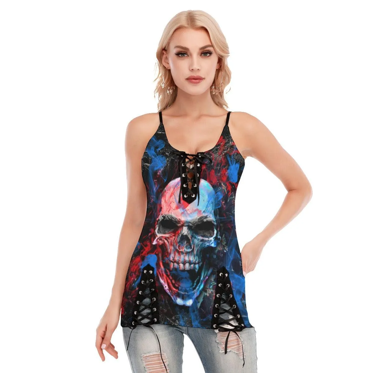 Skull Blue Red Gothic Eyelet Lace-up Letter Dress