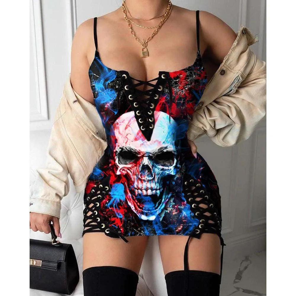 Skull Blue Red Gothic Eyelet Lace-up Letter Dress