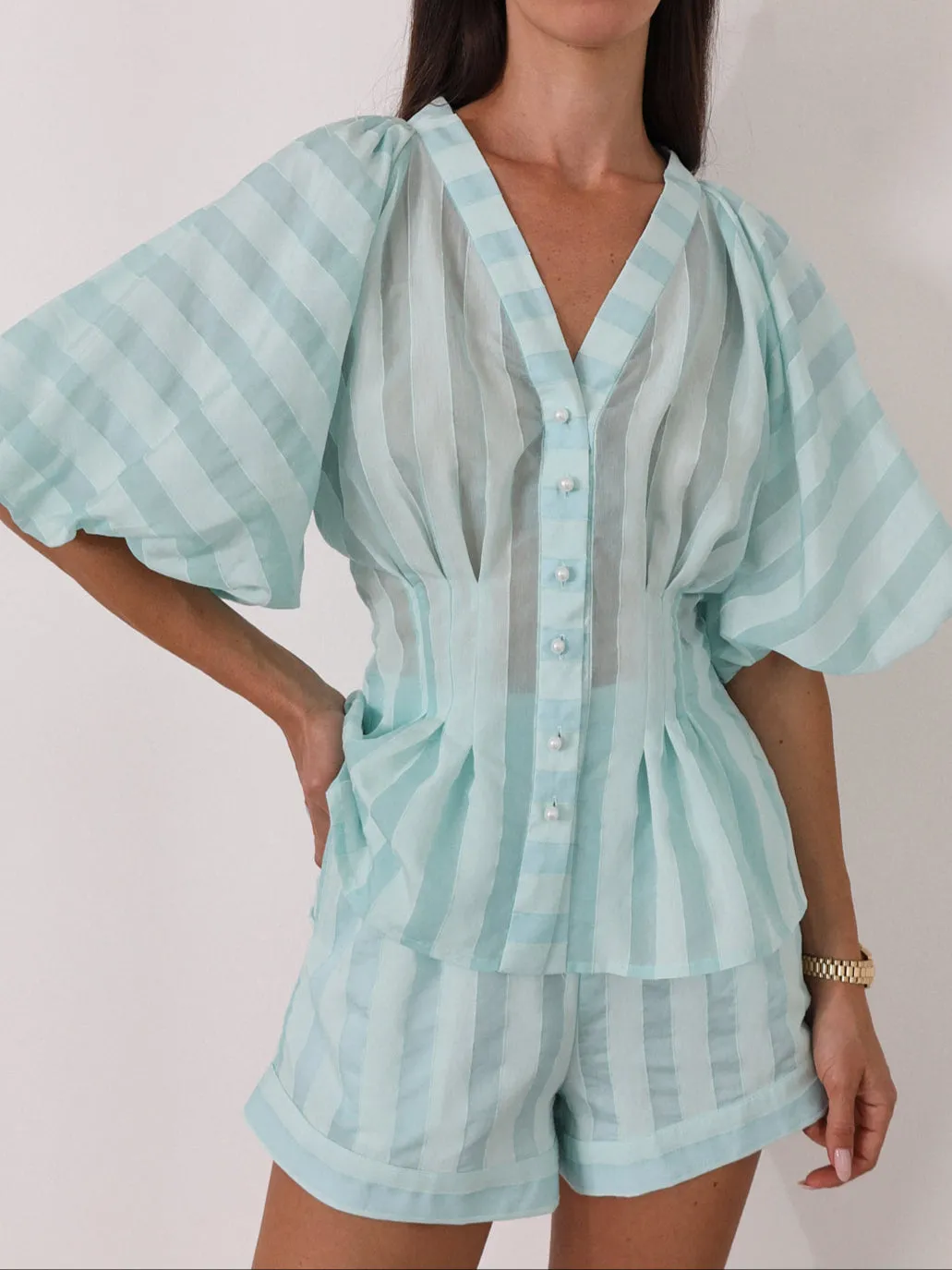 Skye Volume Sleeve Stripe Top | Peppermint