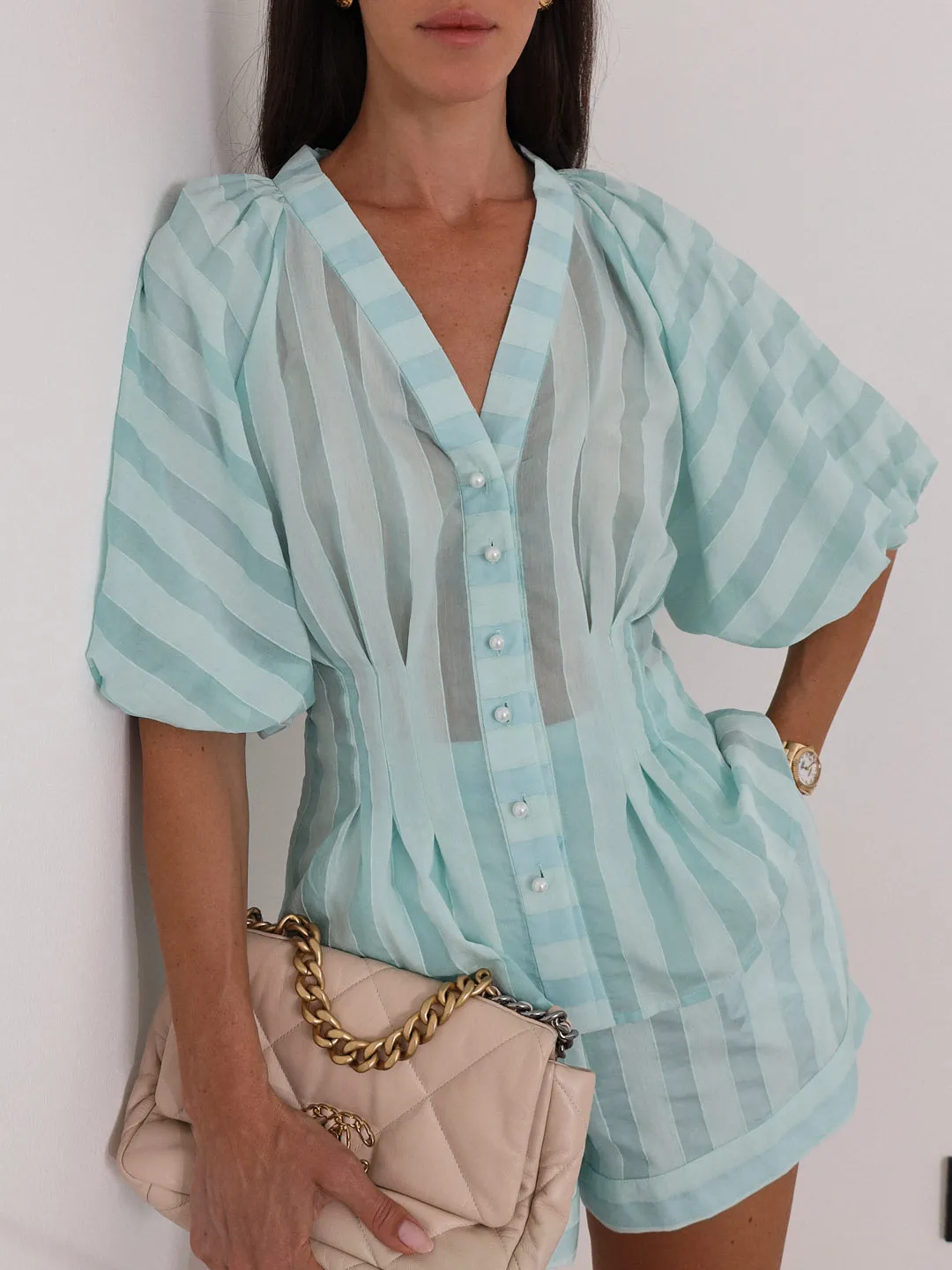 Skye Volume Sleeve Stripe Top | Peppermint