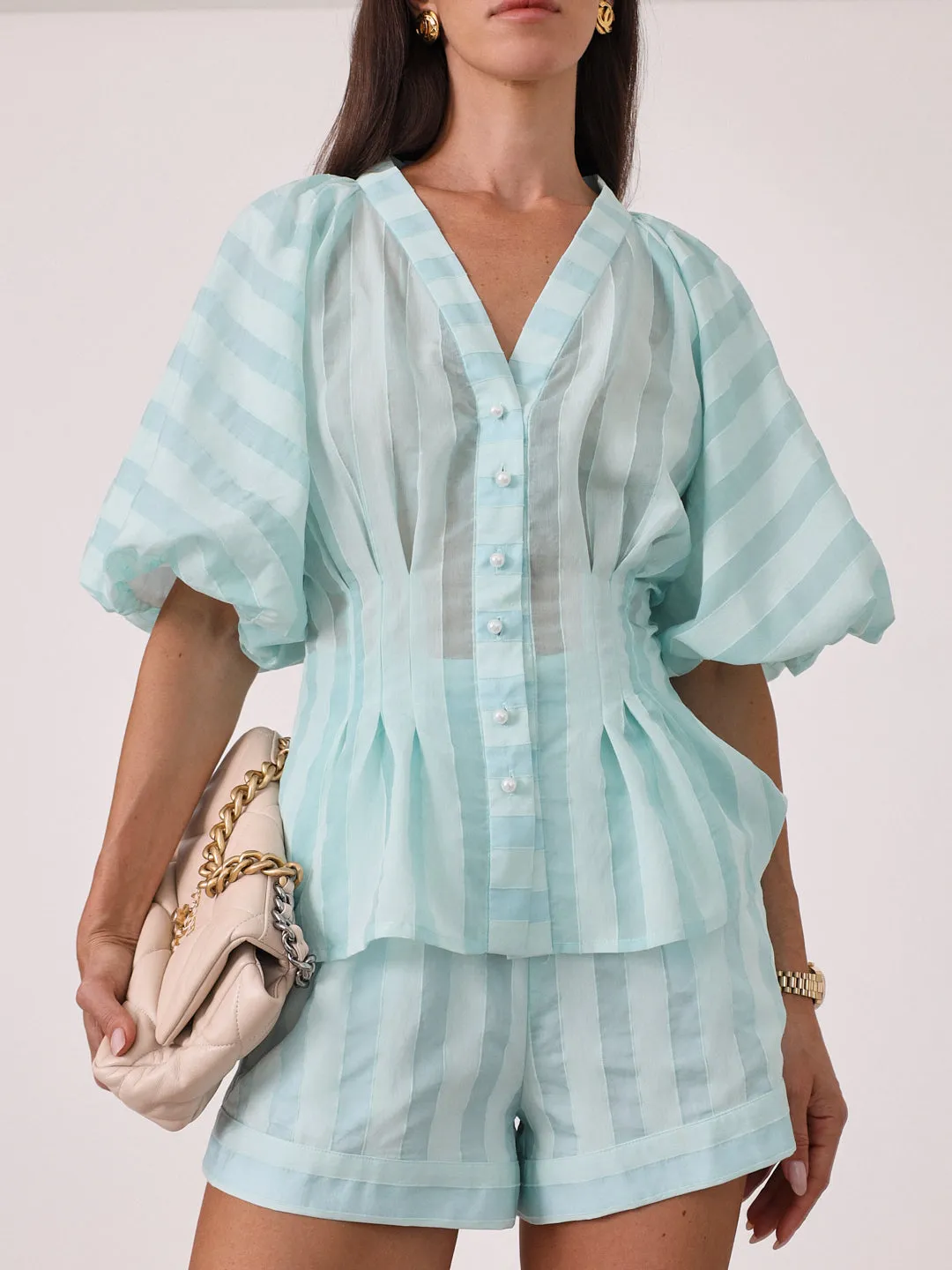 Skye Volume Sleeve Stripe Top | Peppermint