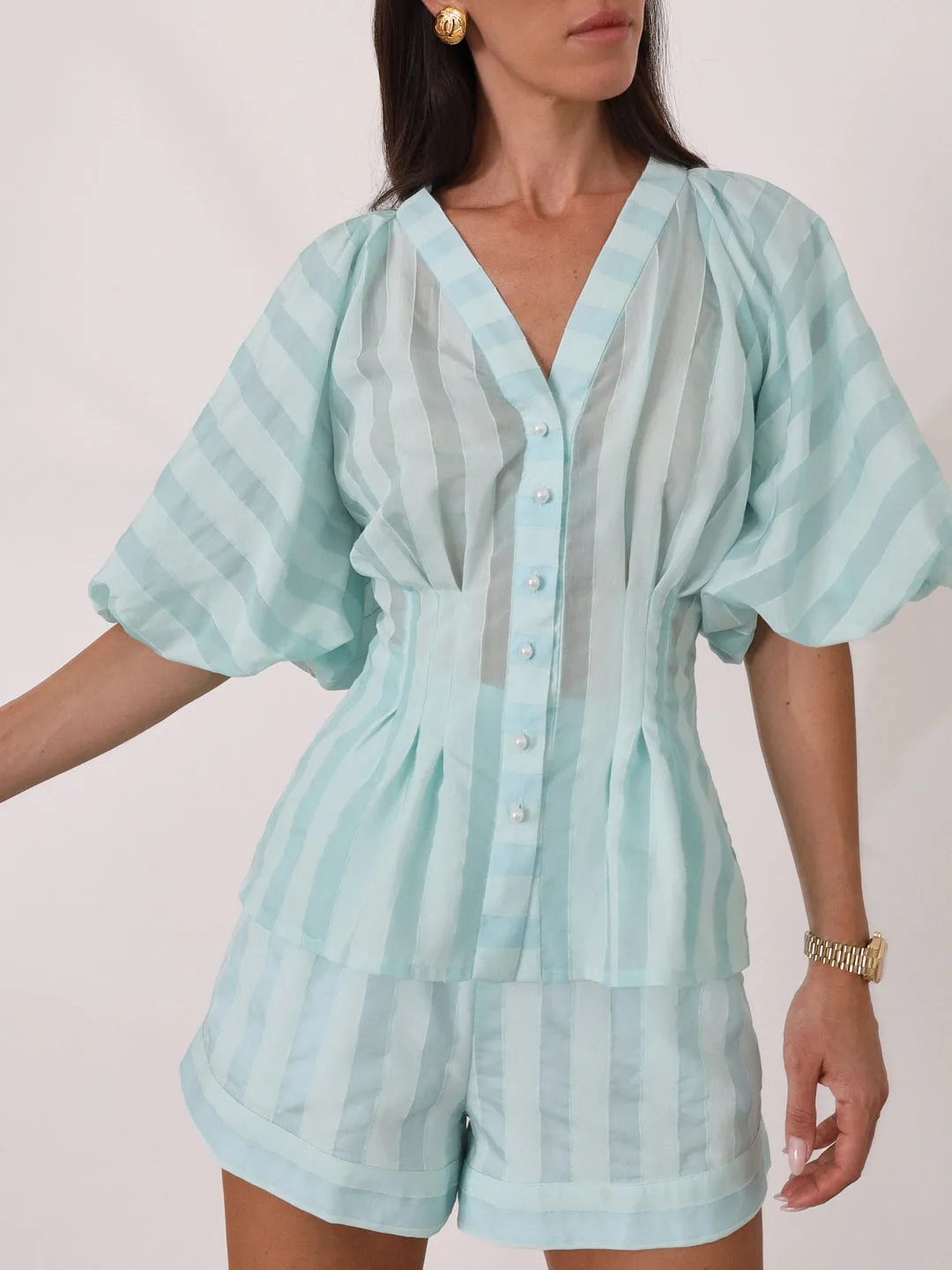 Skye Volume Sleeve Stripe Top | Peppermint
