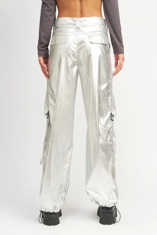 Space Age Silver Metallic Nylon Cargo Pants