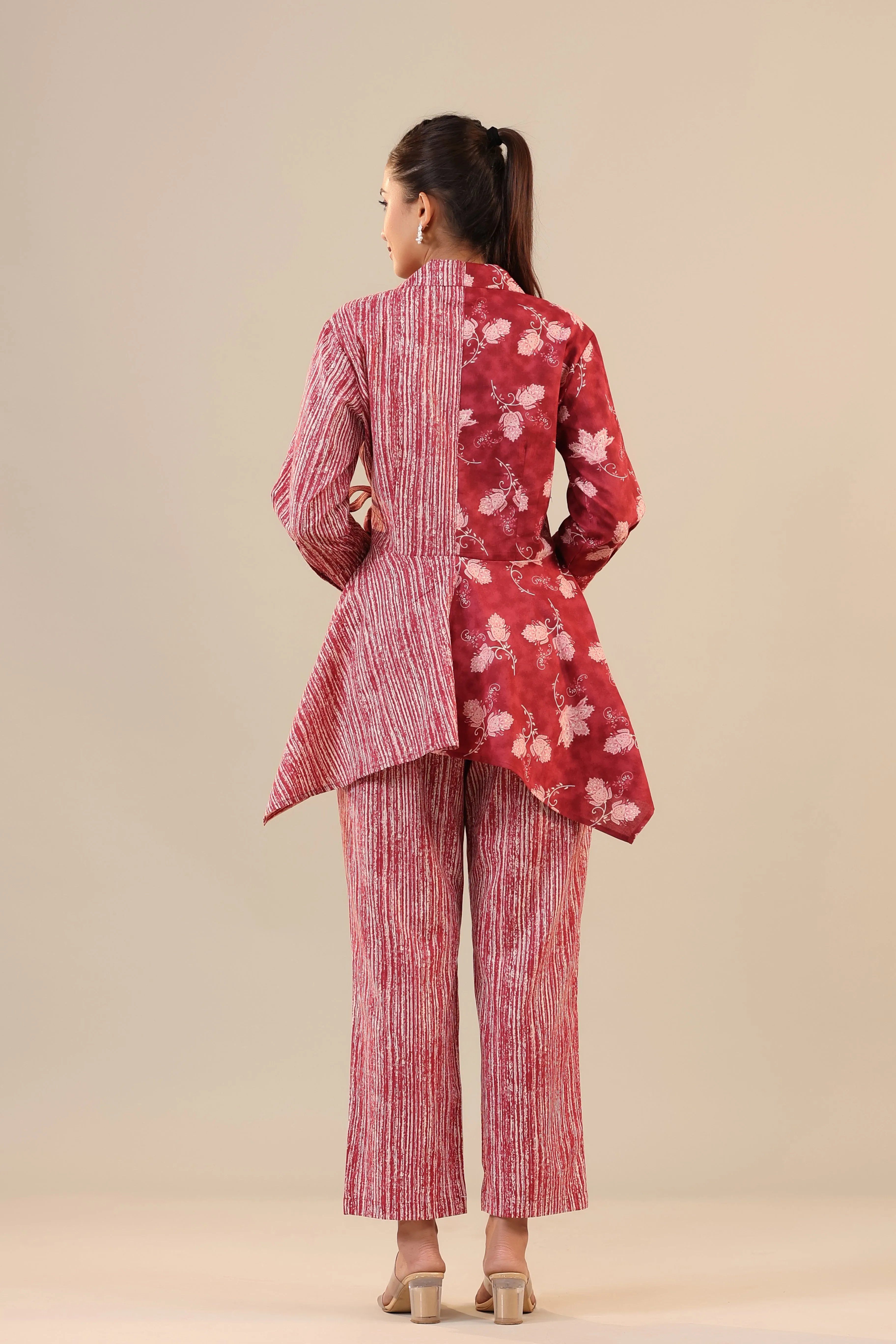 Stripes with Florals on Red  Knot Cotton Loungewear Set
