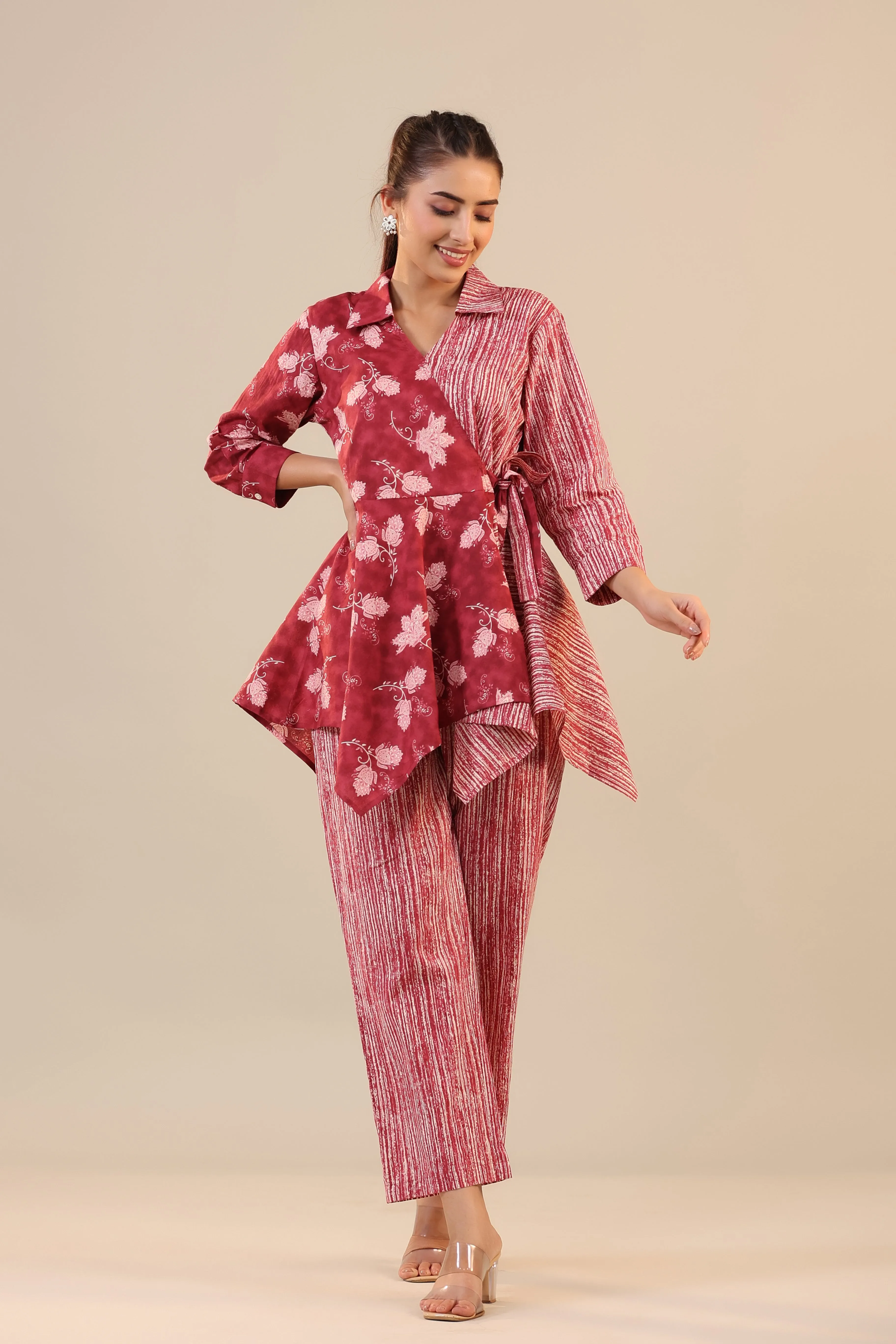 Stripes with Florals on Red  Knot Cotton Loungewear Set