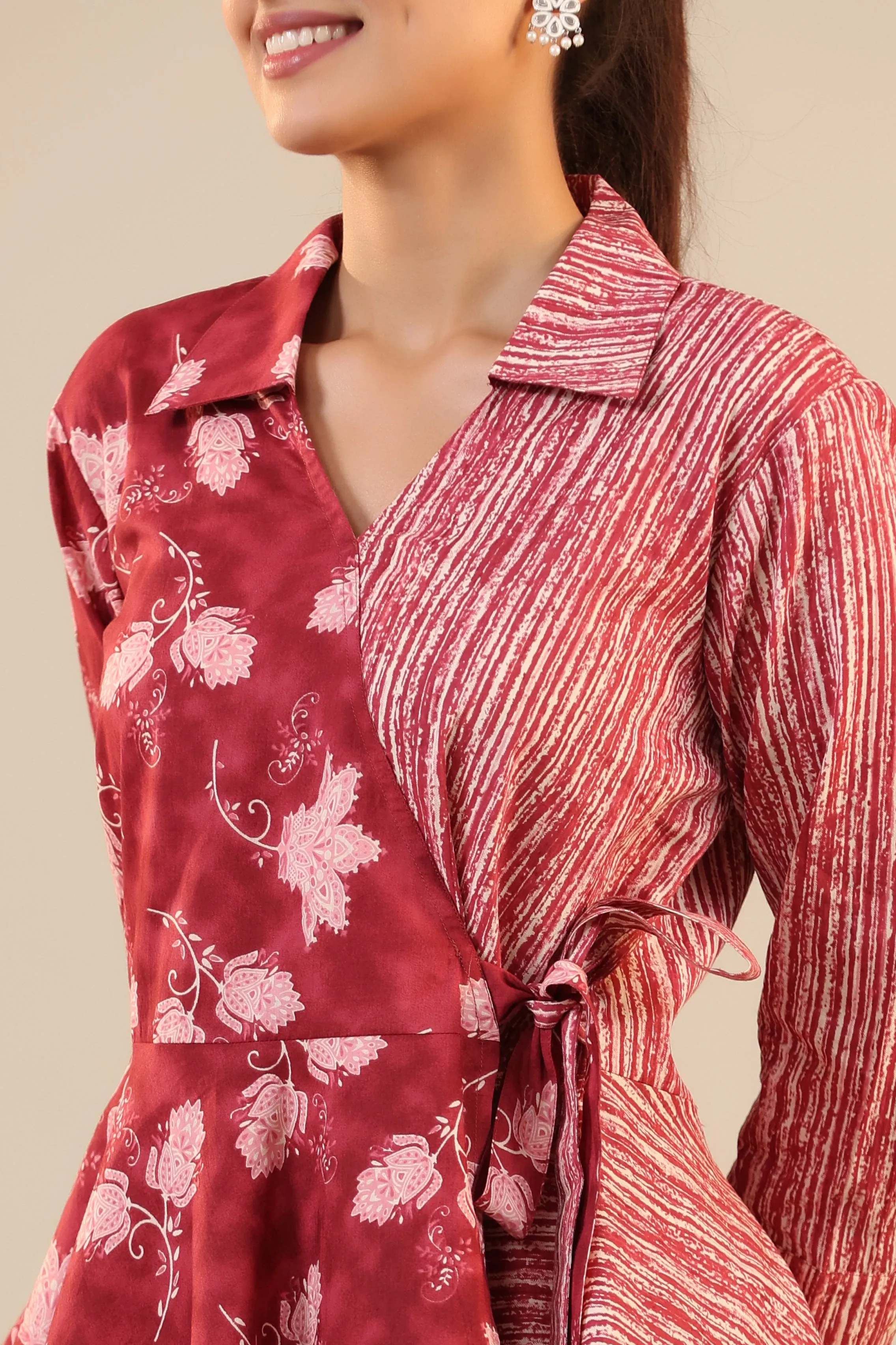 Stripes with Florals on Red  Knot Cotton Loungewear Set