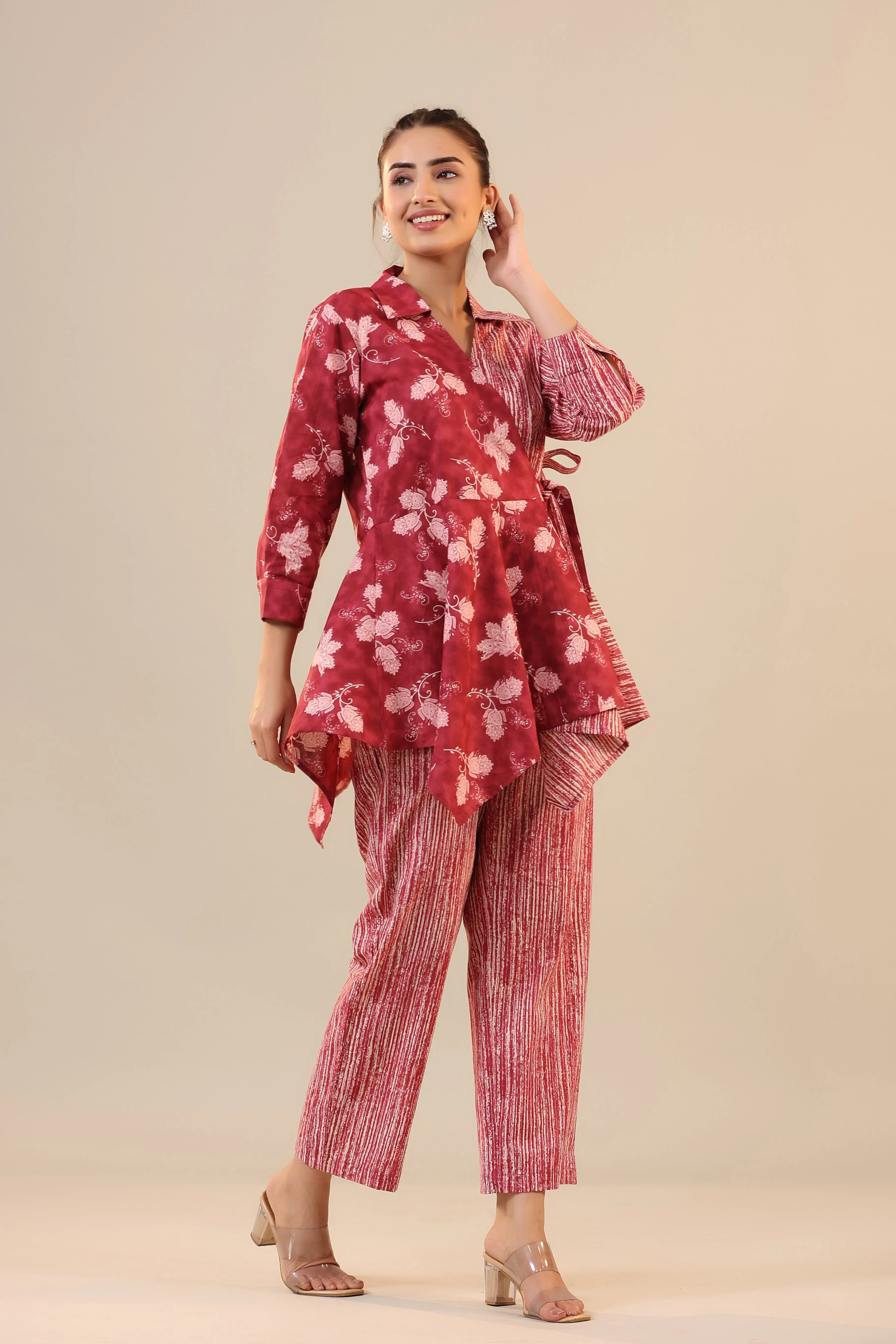 Stripes with Florals on Red  Knot Cotton Loungewear Set