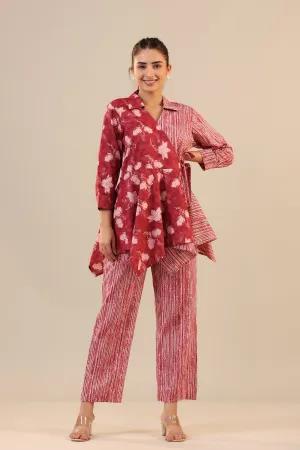 Stripes with Florals on Red  Knot Cotton Loungewear Set