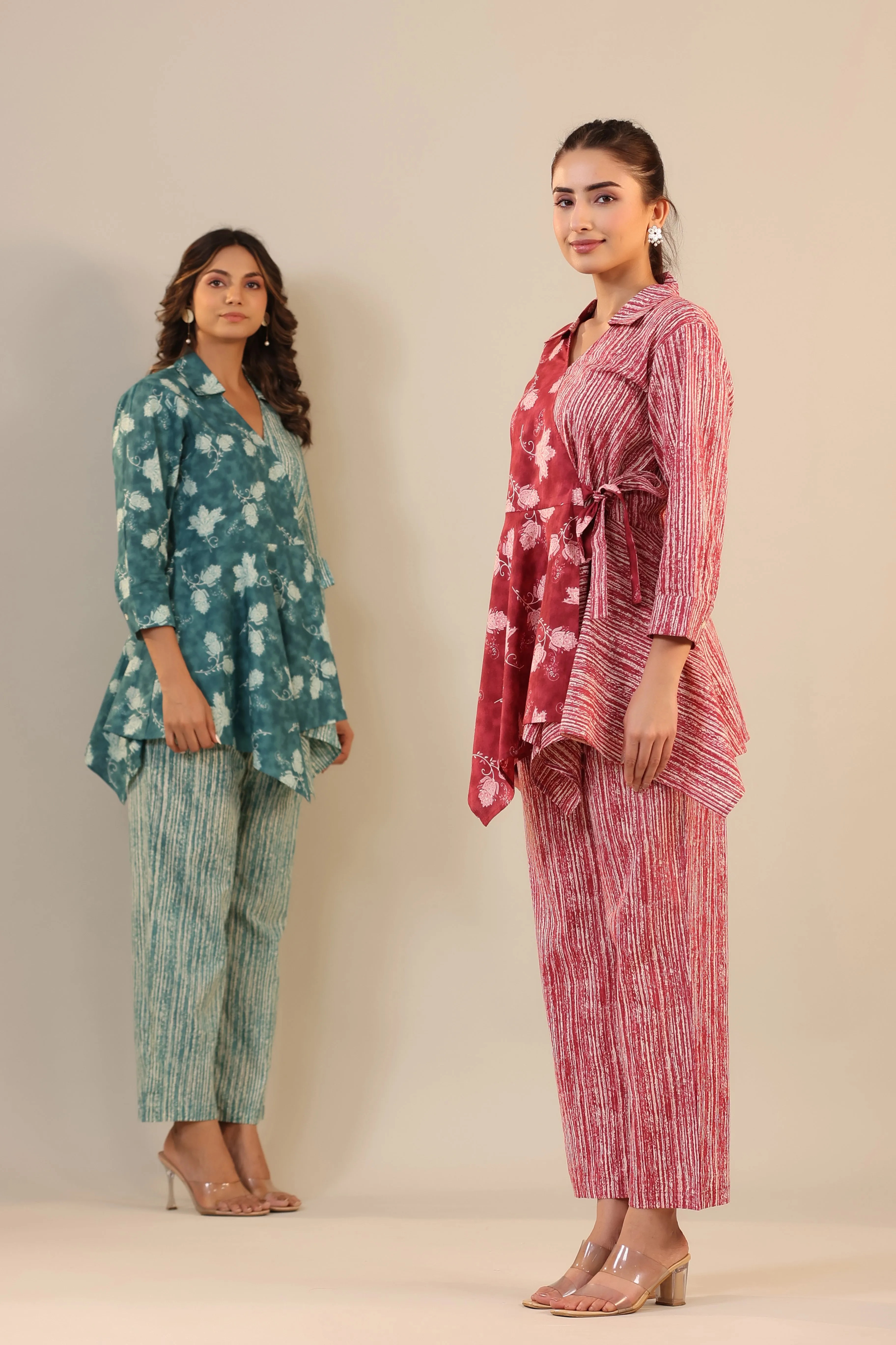 Stripes with Florals on Red  Knot Cotton Loungewear Set