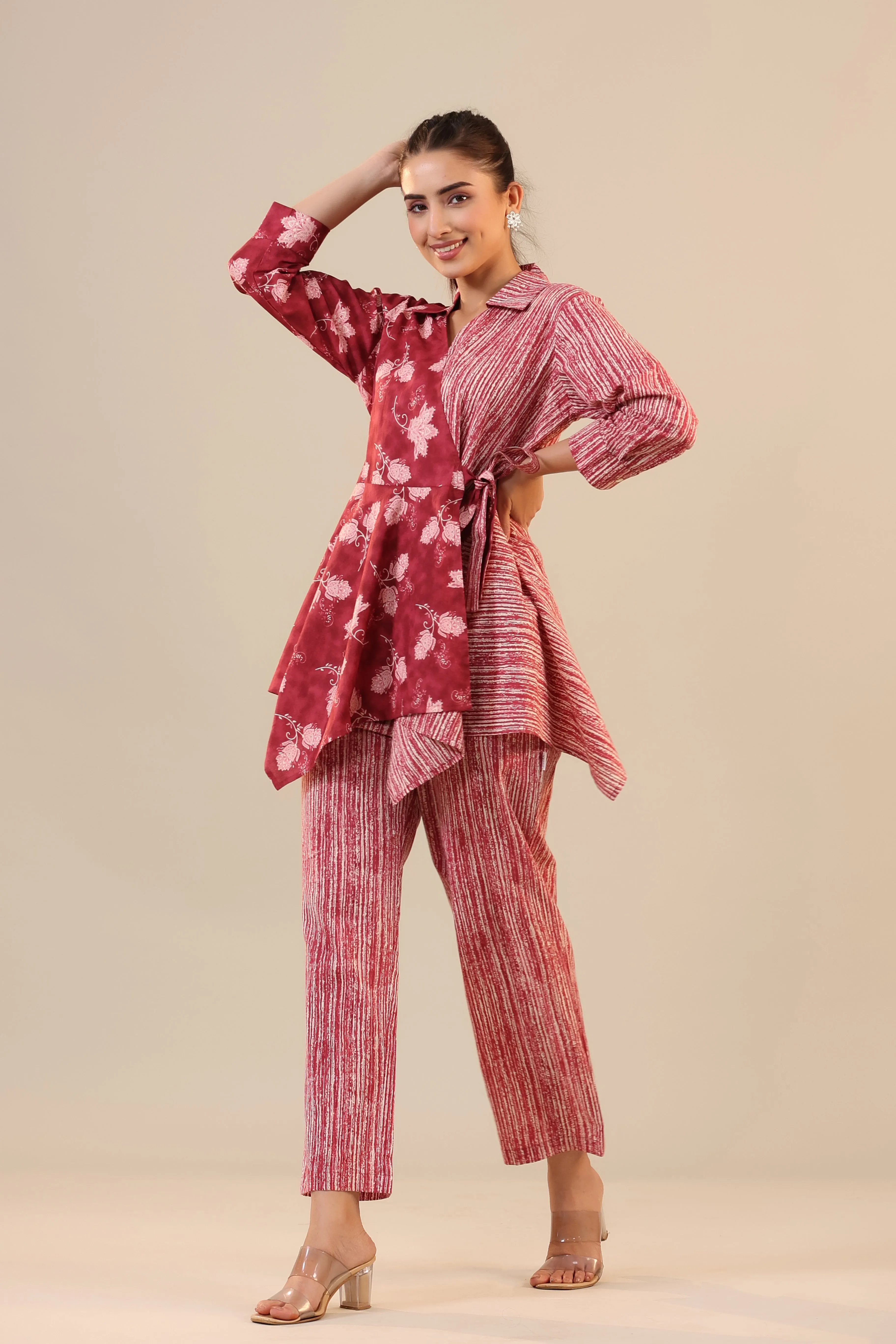 Stripes with Florals on Red  Knot Cotton Loungewear Set