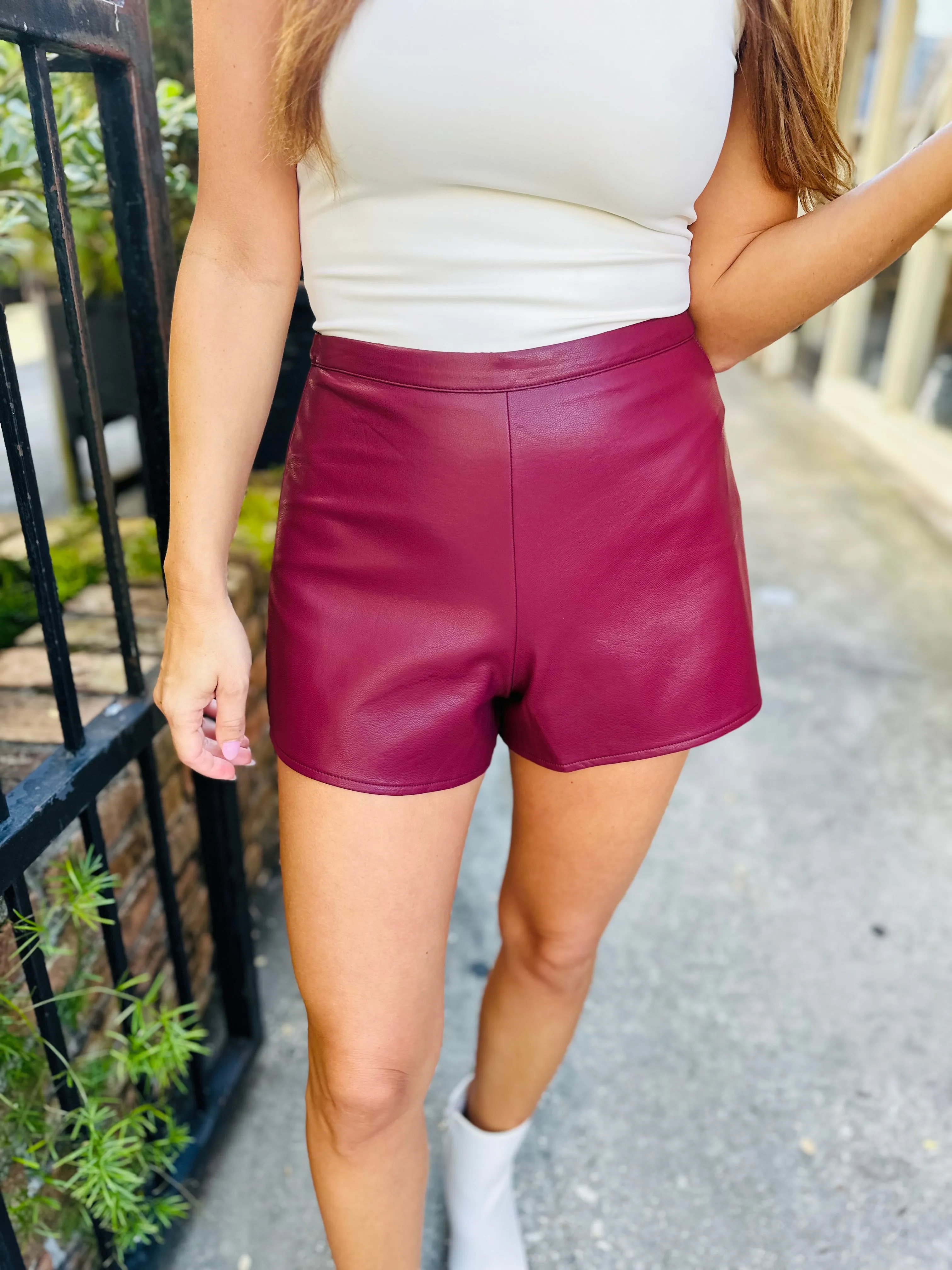 Susan High Waisted Faux Leather Shorts- Burgundy