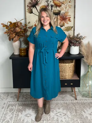 Teal Waist Tie Midi Dress