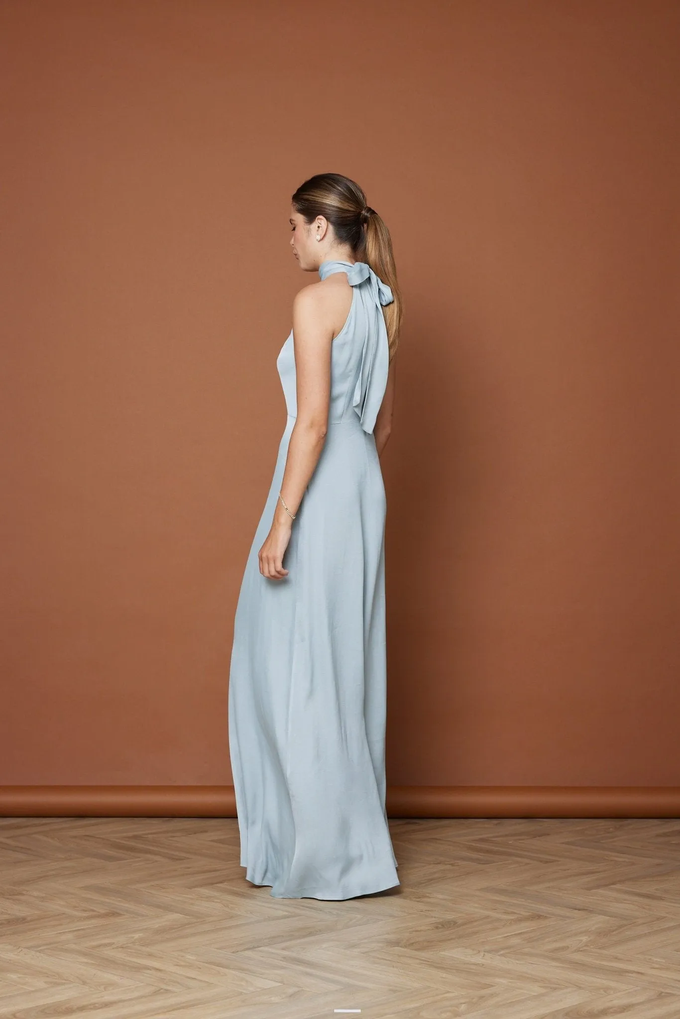 Tilly Satin High Neck Scarf Tie Halter Dress - Duck Egg
