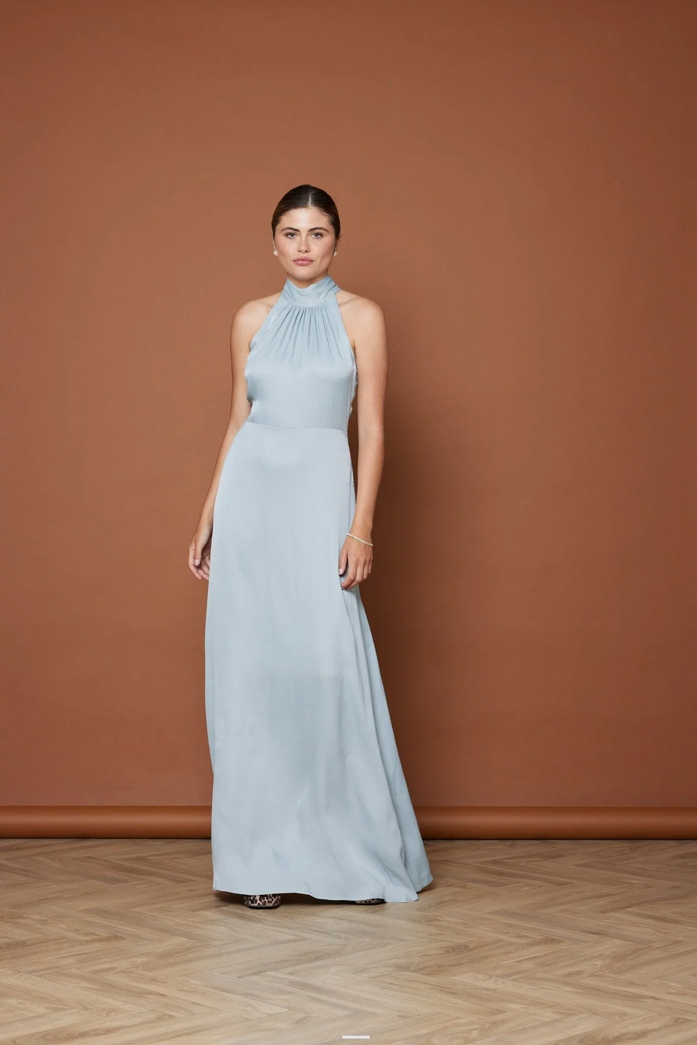 Tilly Satin High Neck Scarf Tie Halter Dress - Duck Egg