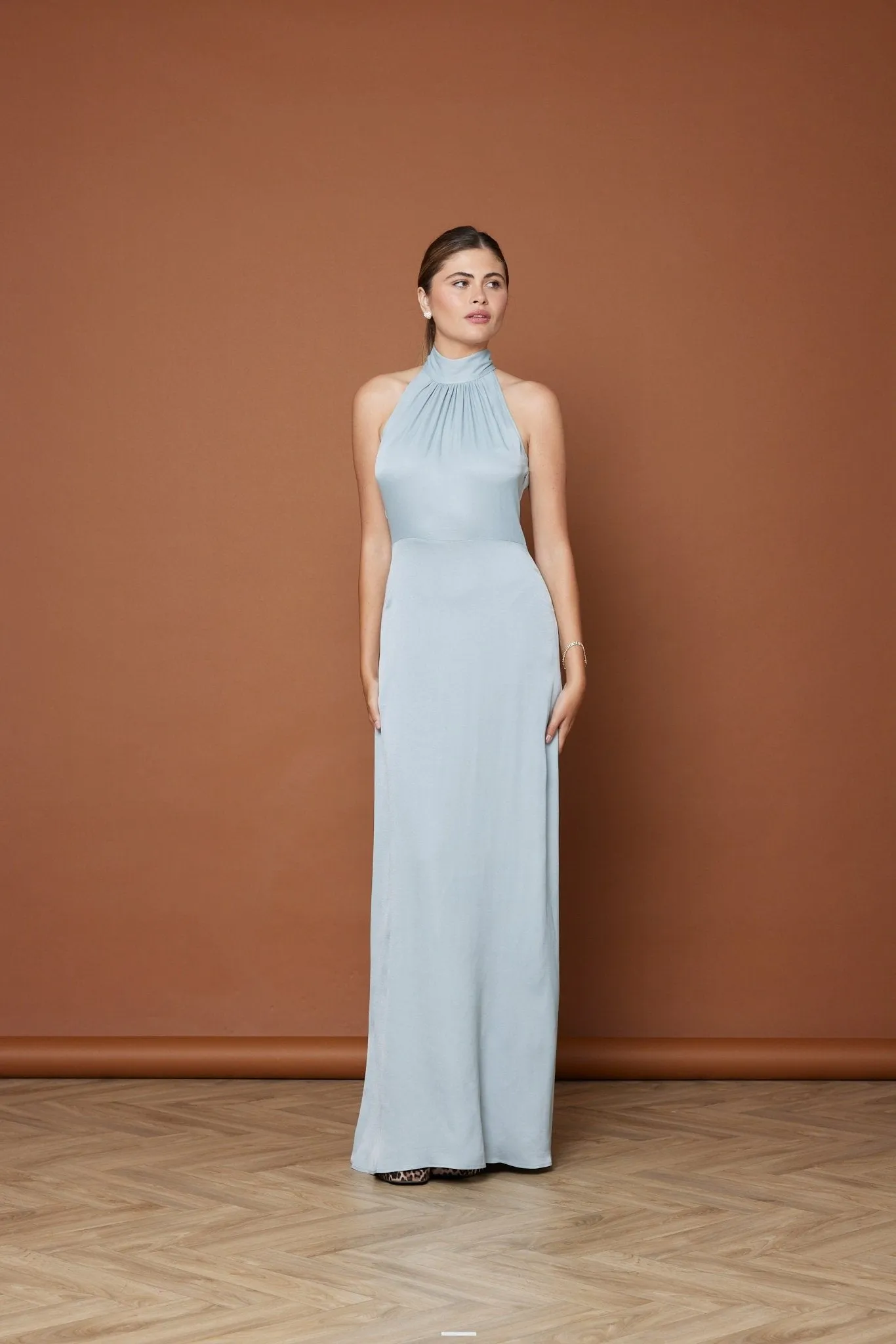 Tilly Satin High Neck Scarf Tie Halter Dress - Duck Egg