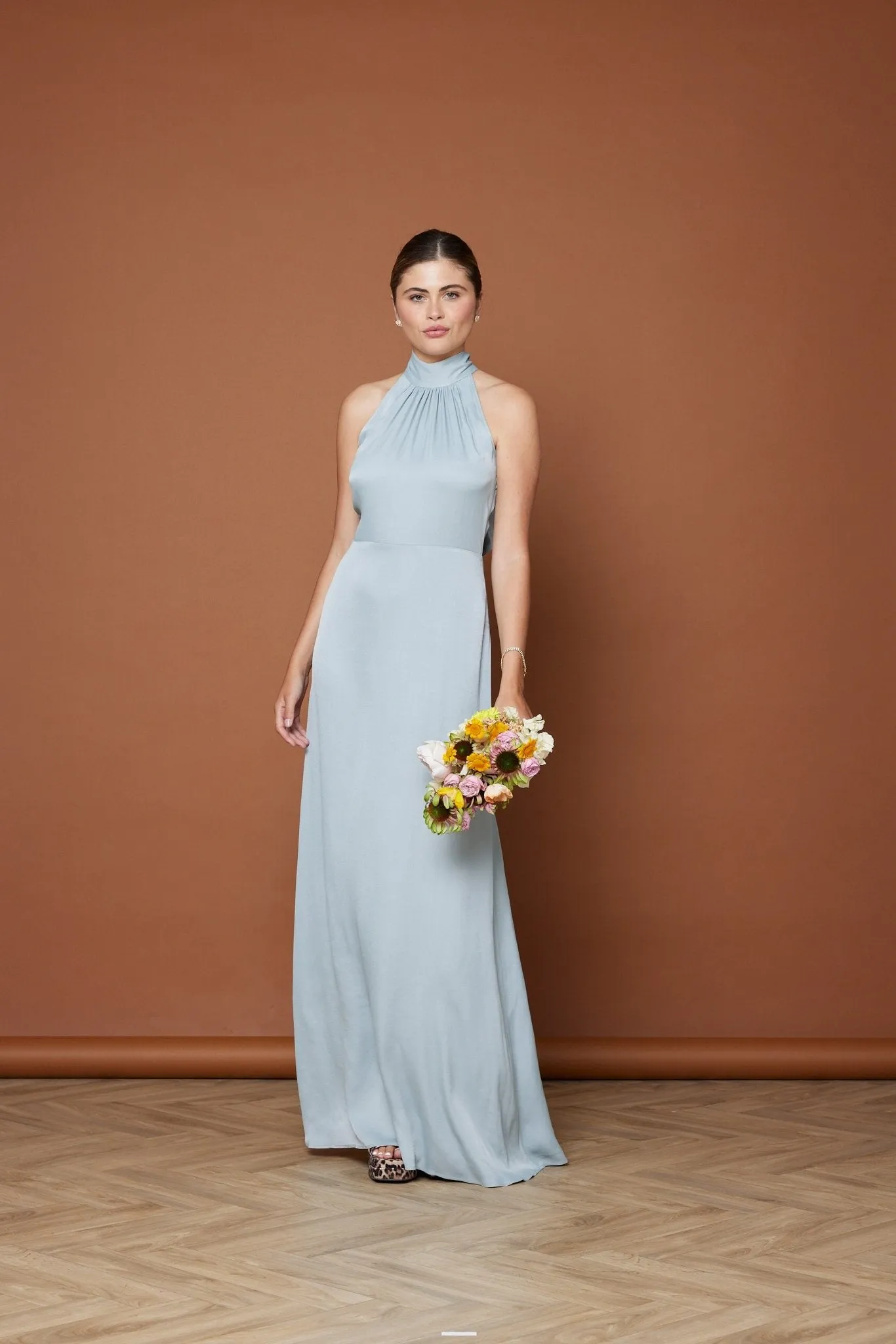 Tilly Satin High Neck Scarf Tie Halter Dress - Duck Egg