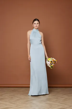 Tilly Satin High Neck Scarf Tie Halter Dress - Duck Egg